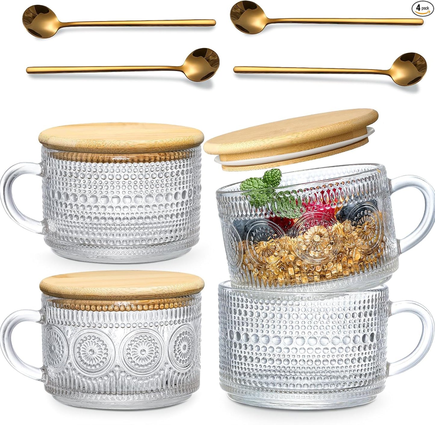 LANDNEOO Vintage Glass Coffee Mug Set (4-Piece) with Bamboo Lids & Spoons