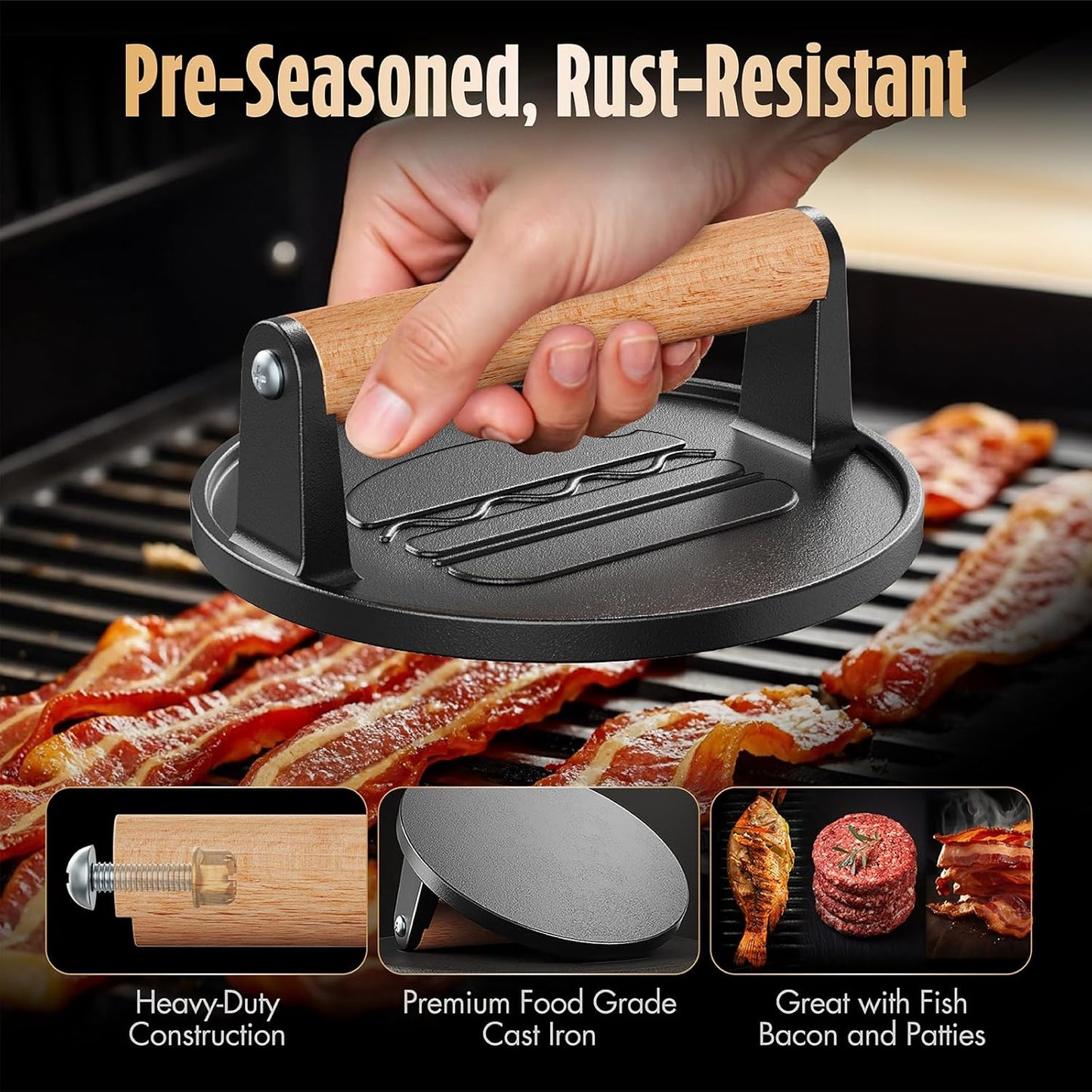 Pisol Heavy-Duty Cast Iron Hamburger Press - Professional Grill Tool for Crispy Burgers & Bacon
