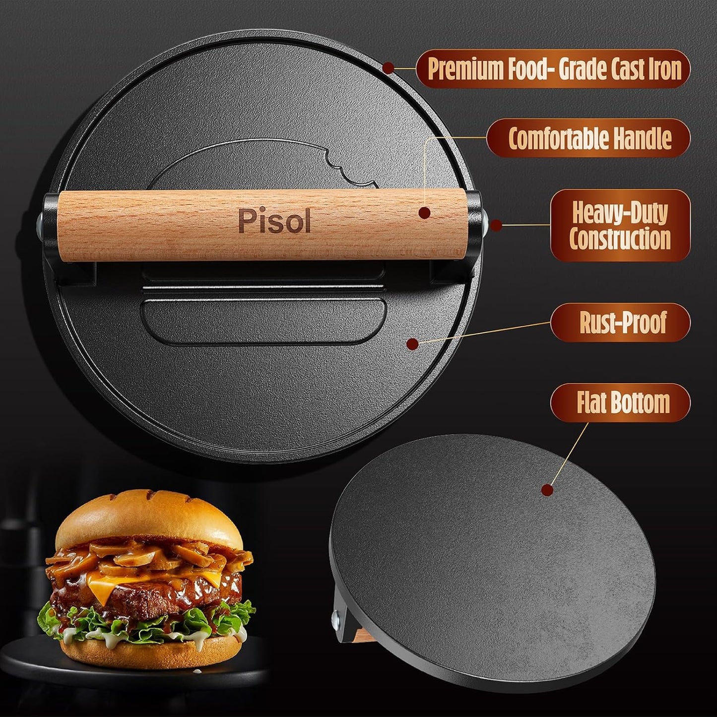 Pisol Heavy-Duty Cast Iron Hamburger Press - Professional Grill Tool for Crispy Burgers & Bacon