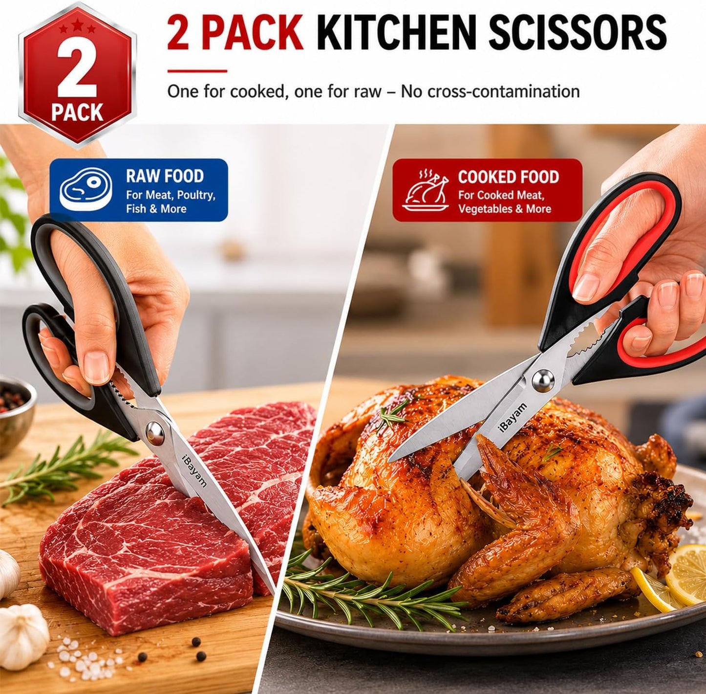 iBayam Heavy Duty Kitchen Scissors - 2 Pack Stainless Steel Shears for Food & Meat Cutting