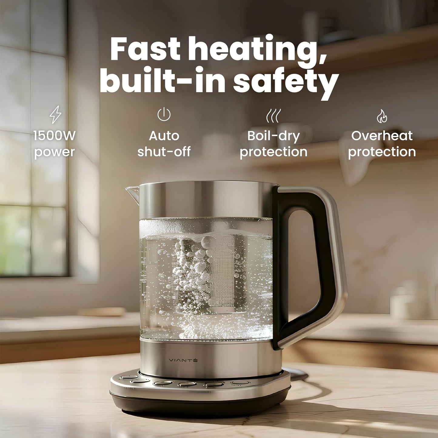Viante Alba Electric Tea Kettle No Plastic | Borosilicate Glass & Stainless Steel