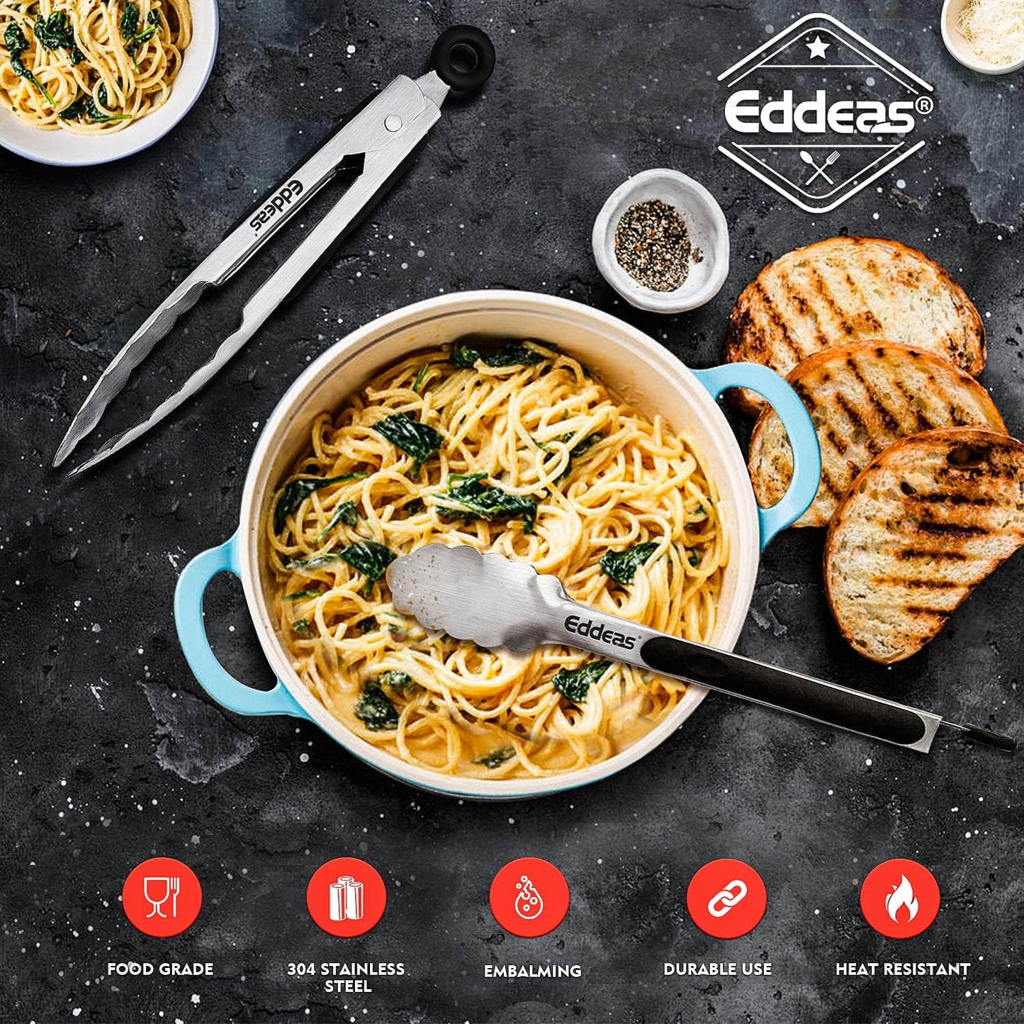 Eddeas Stainless Steel Cooking Tongs - Heat Resistant Locking Tongs (7",9",12") for BBQ & Kitchen Use