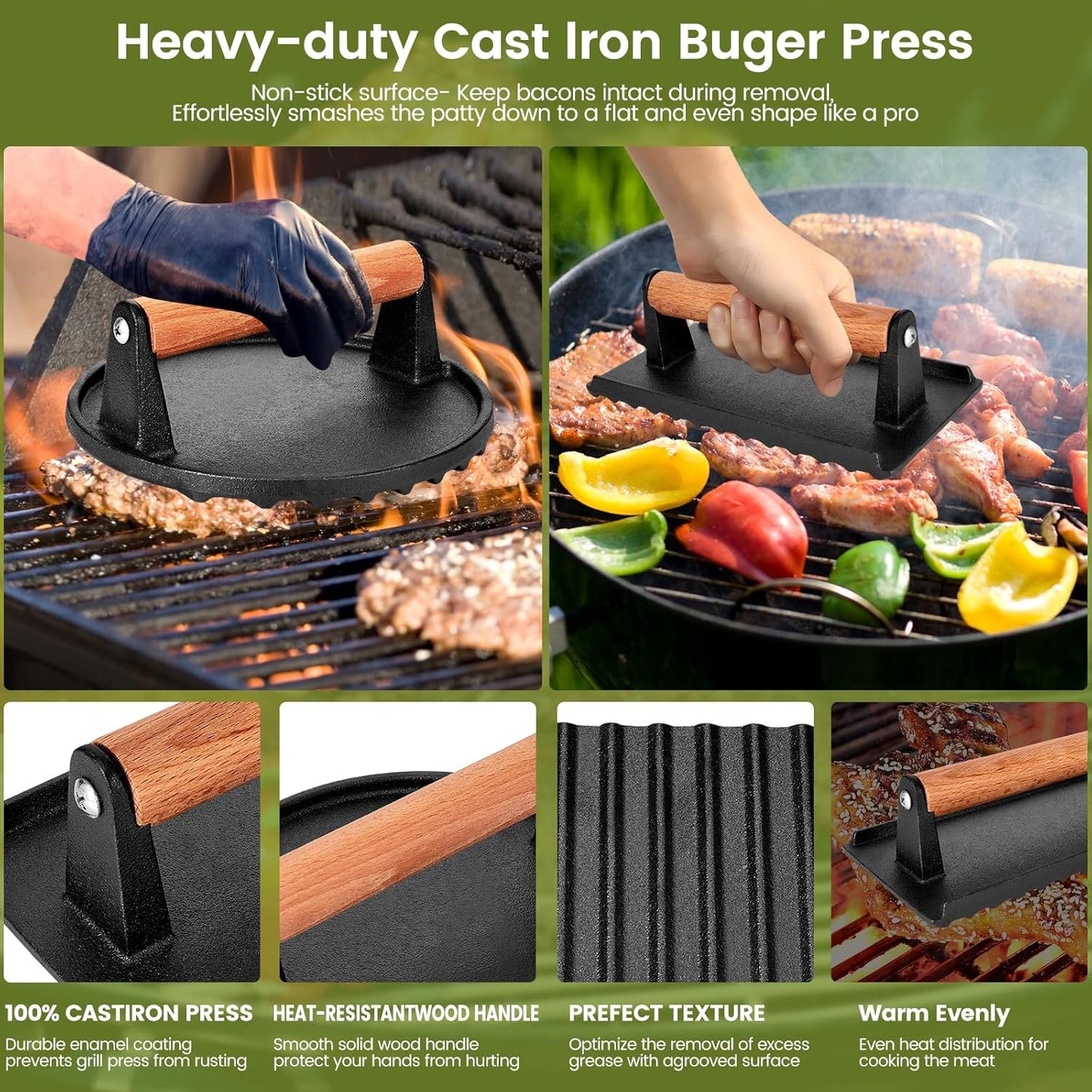 Whaleme Cast Iron Burger Press Set - 7" Round & 8x4" Rectangle Grill Press for Blackstone Griddle