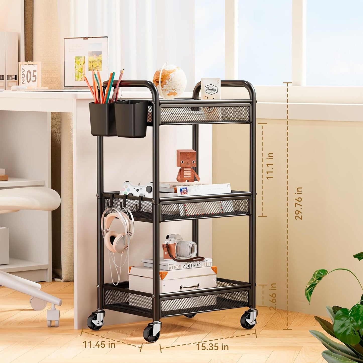 YASONIC 3-Tier Rolling Metal Cart with Wheels - 110 lb Capacity Storage Utility Cart for Kitchen/Office