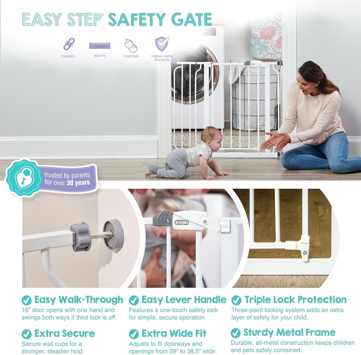 Regalo Safety Baby Gate - 29-38.5" Pressure Mount for Doorways & Stairs, Trusted by Parents for 30 Years