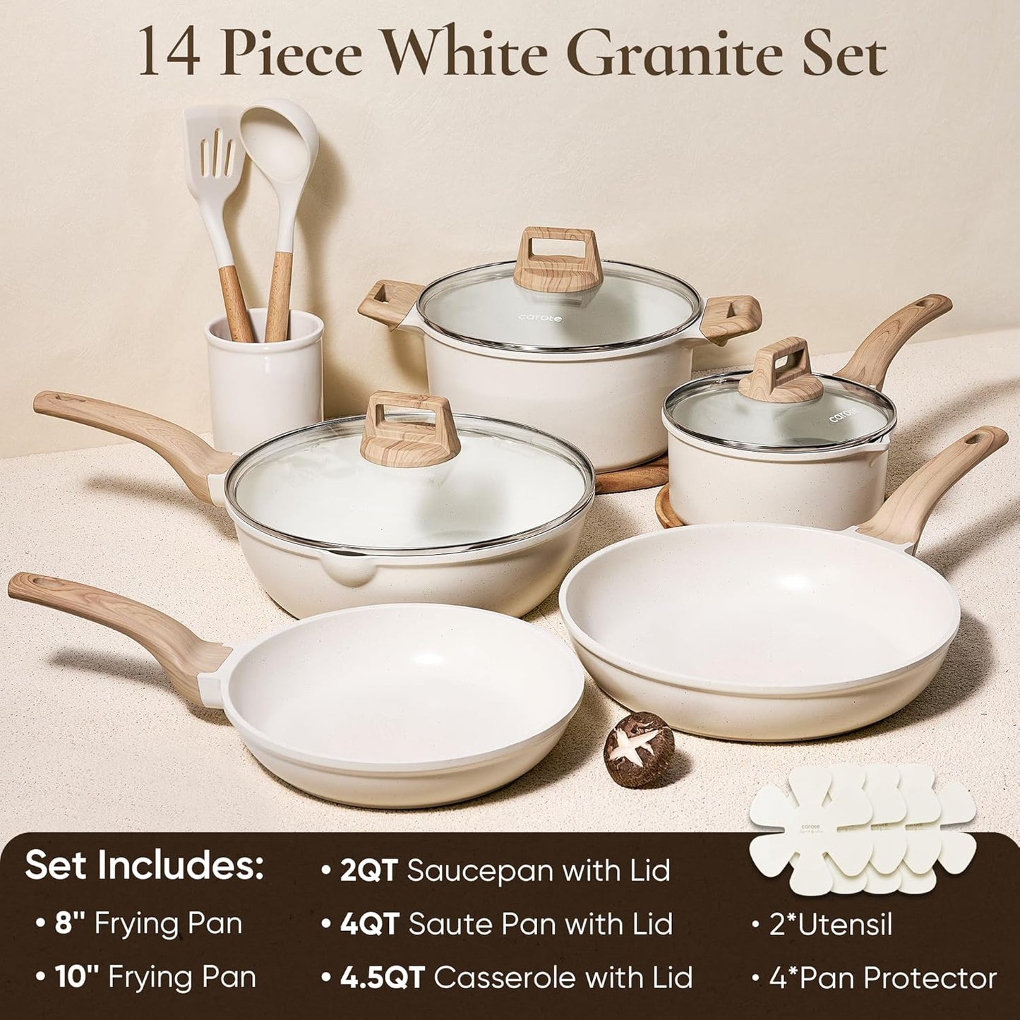CAROTE 14-Piece Nonstick Cookware Set - Die-Cast Aluminum Pots & Pans for Induction & Gas Stoves
