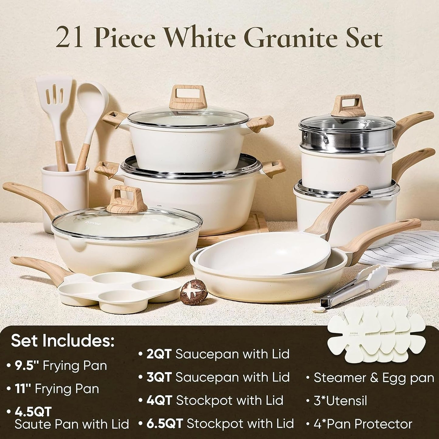 CAROTE 21-Piece Nonstick Cookware Set - Harder Granite Coating, Induction Safe, PFOS/PFOA Free