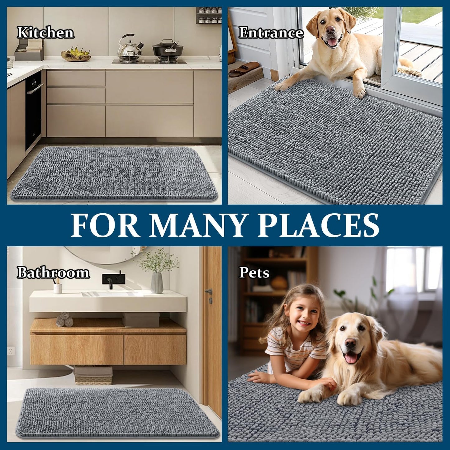 OLANLY Dog Door Mat - Absorbent Non-Slip Mud Mat for Dogs, 30x20 Grey