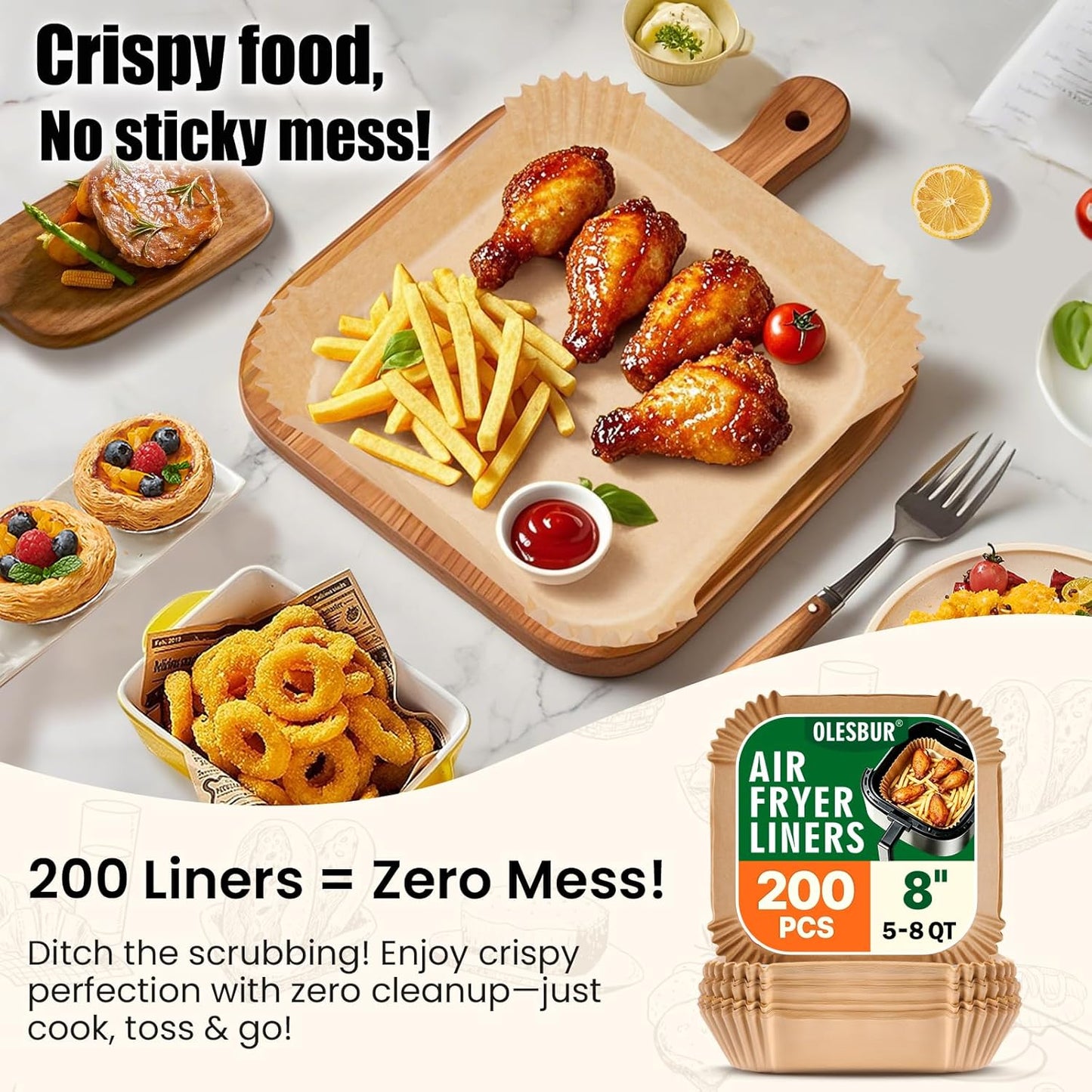 OLESBUR Disposable Air Fryer Liners - 200 Count 8 Inch Parchment Paper