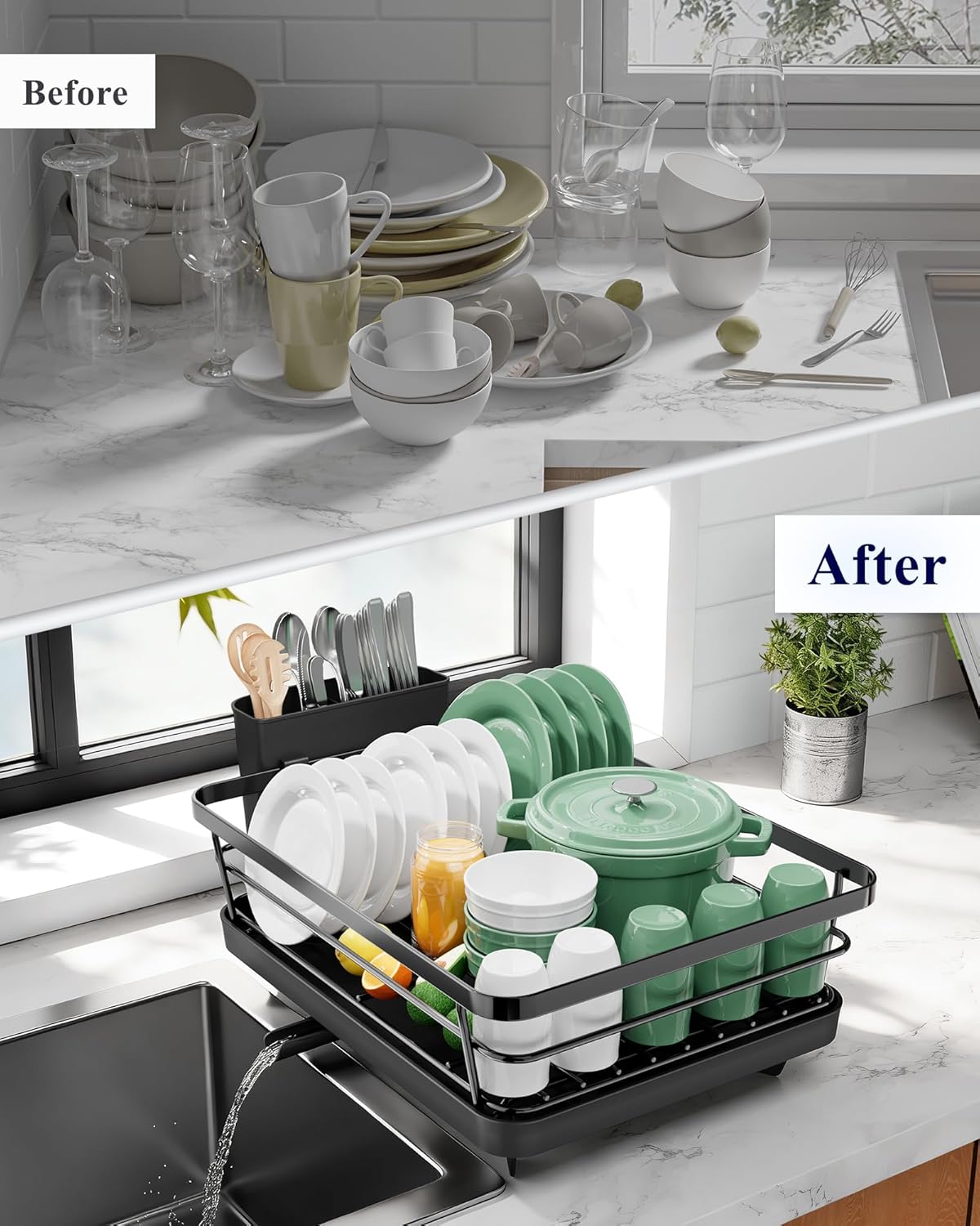 Kitsure Compact Dish Drying Rack for Small Kitchens - Stainless Steel Sink Organizer with Detachable Cutlery Holder, 12x15.5