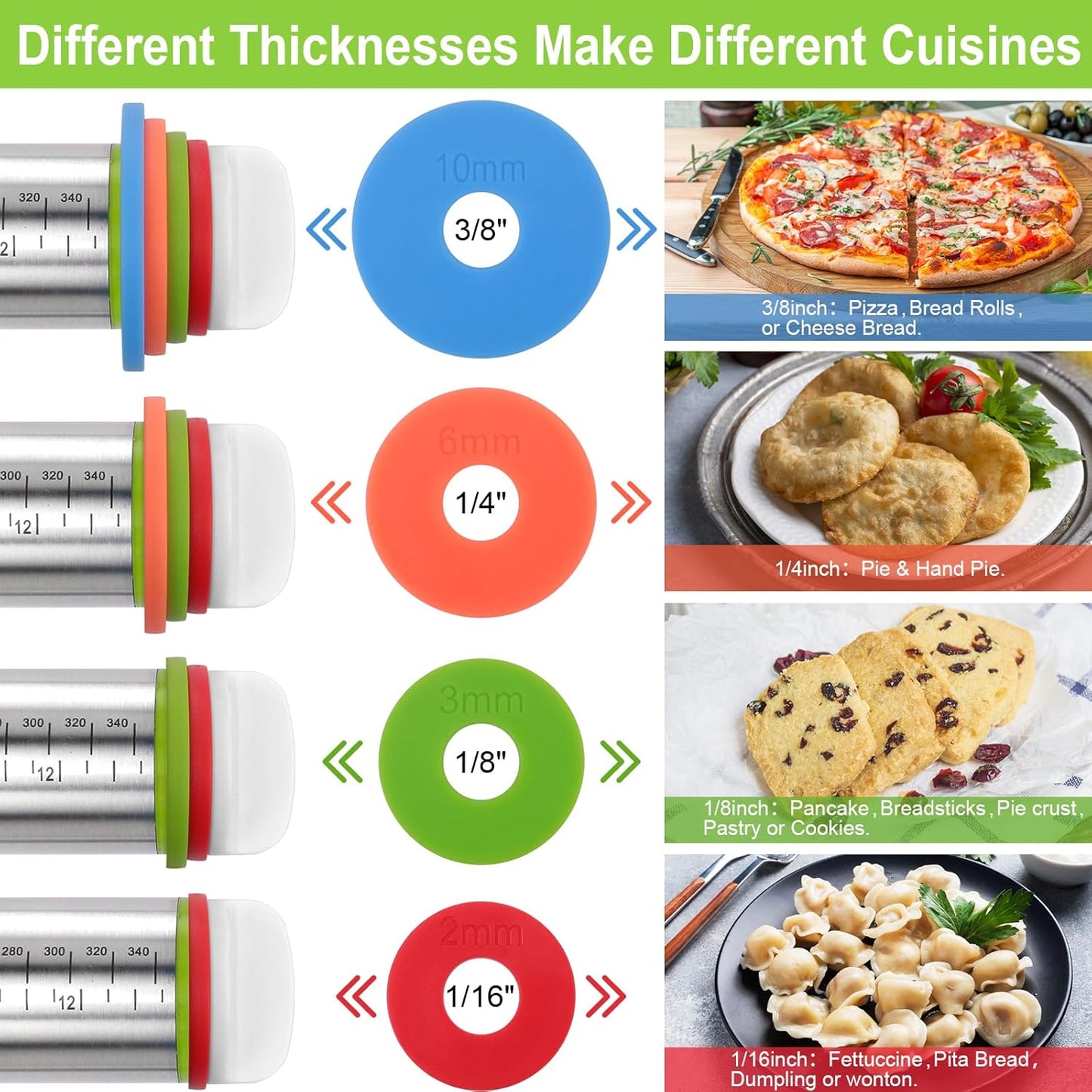 BIDFUL Adjustable Stainless Steel Rolling Pin with Thickness Rings - 17" Dough Roller for Baking