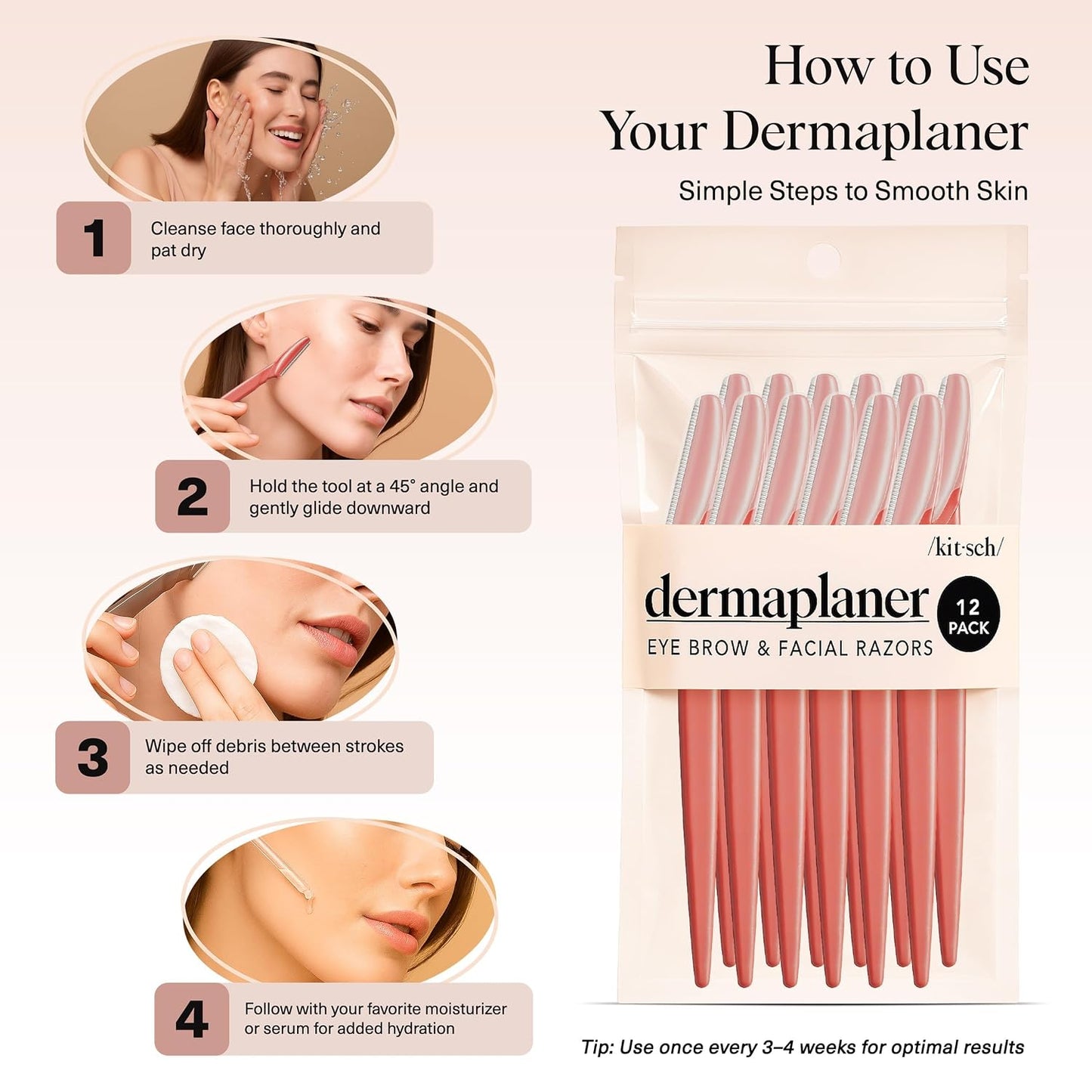 Kitsch Women's Facial Razor - Smoother Skin with 12 Reusable Blades (Coral)