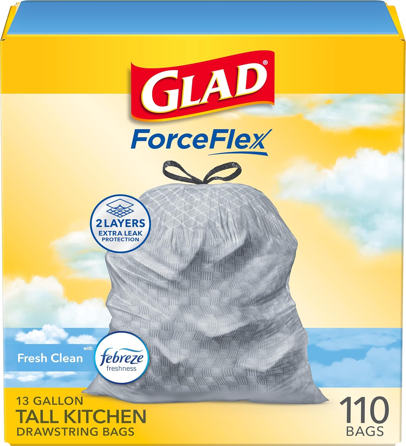 Glad Tall Kitchen Trash Bags - OdorShield 13 Gallon White Drawstring Garbage Bags, Febreze Fresh Clean Scent, 110 Count