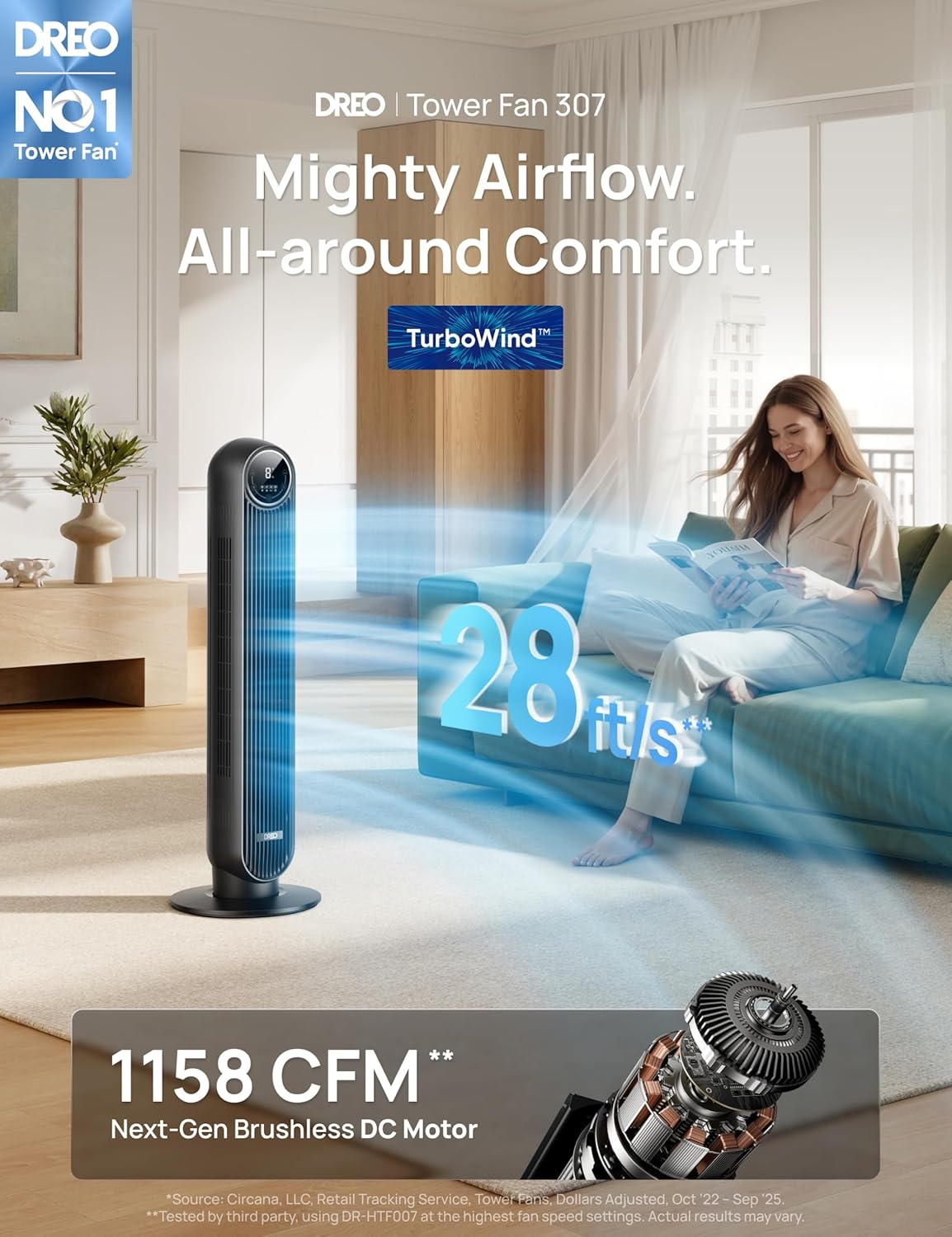 DREO Quiet Bedroom Tower Fan DR-HTF007 - Upgraded DC Motor, 20dB Ultra-Quiet, 8 Speeds