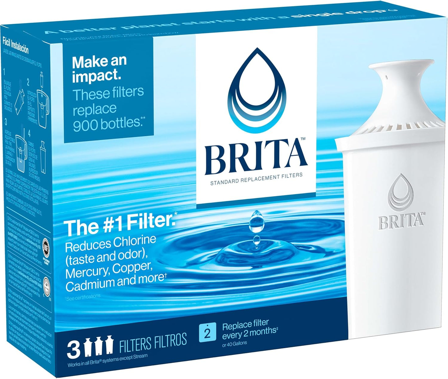 Brita Standard Water Filter Replacement Cartridges (3-Pack) - Reduces Chlorine & Heavy Metals