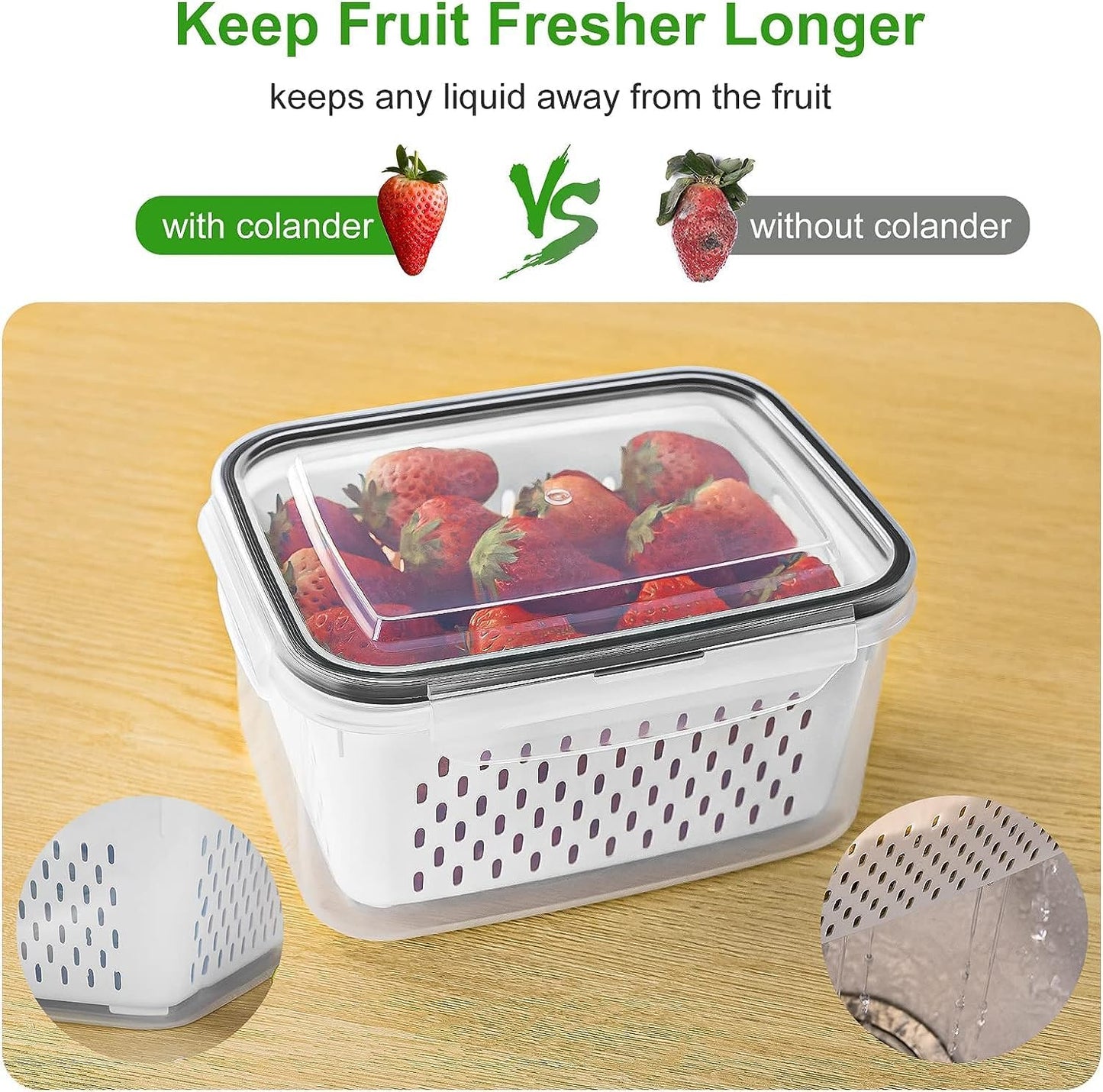 Freshmage 4-Piece Airtight Fridge Fruit Storage Containers with Removable Colanders - Keep Produce Fresher Longer