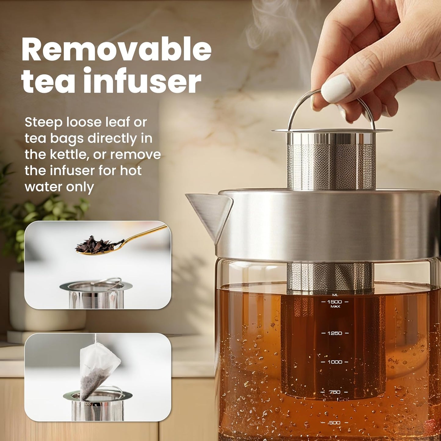 Viante Alba Electric Tea Kettle No Plastic | Borosilicate Glass & Stainless Steel