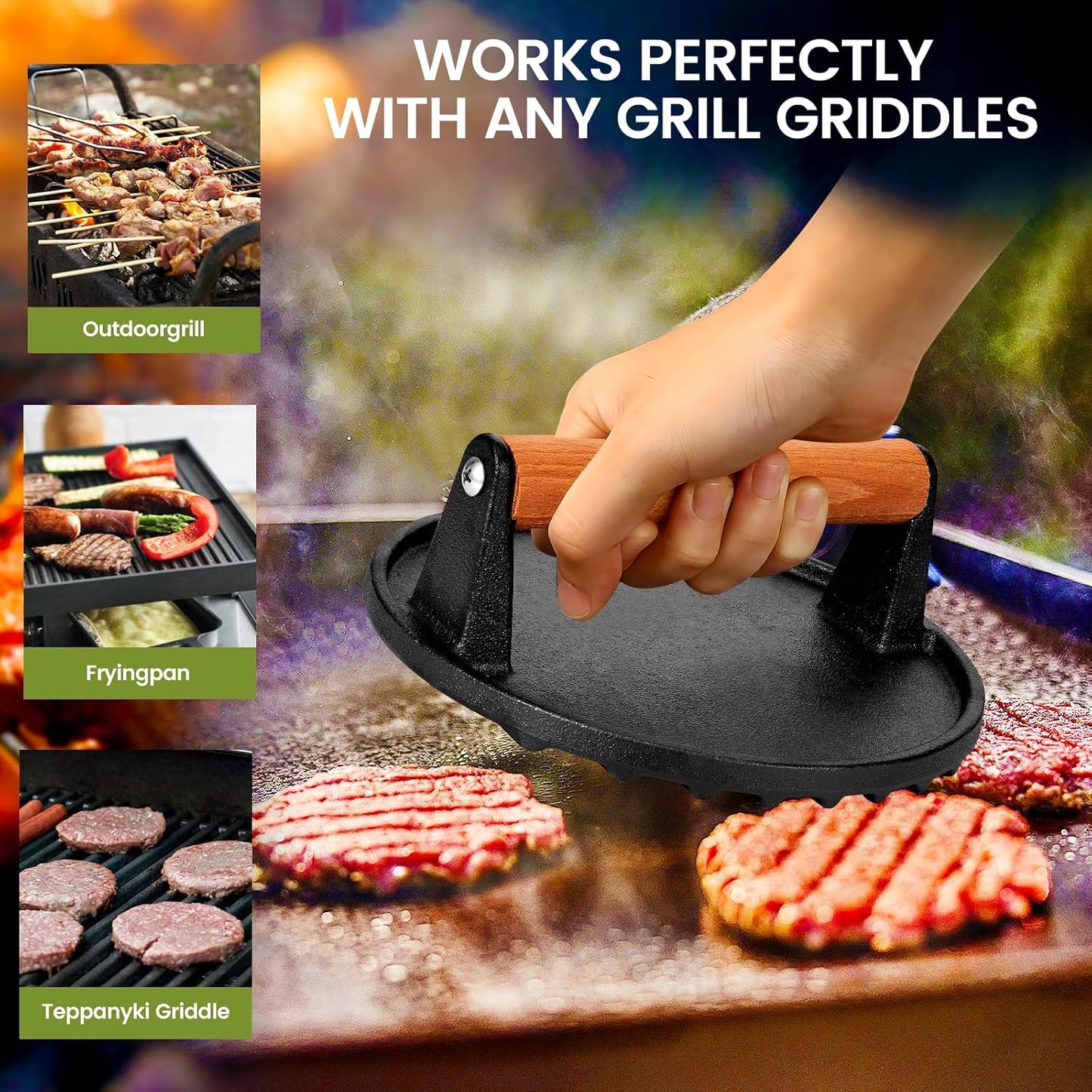 Whaleme Cast Iron Burger Press Set - 7" Round & 8x4" Rectangle Grill Press for Blackstone Griddle