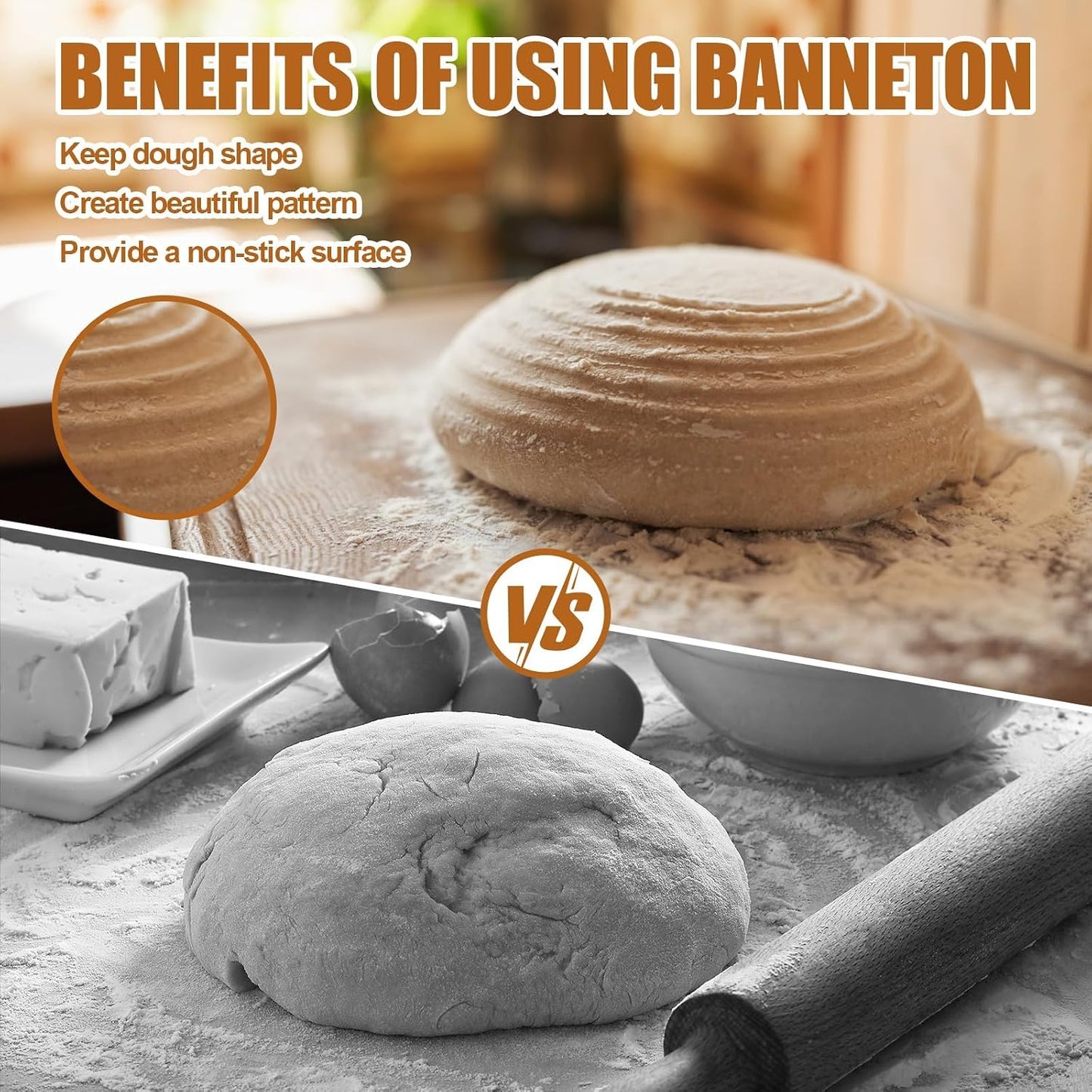Dimpola 9-Inch Rattan Banneton Bread Proofing Basket Set of 2 - Perfect for Sourdough Proofing