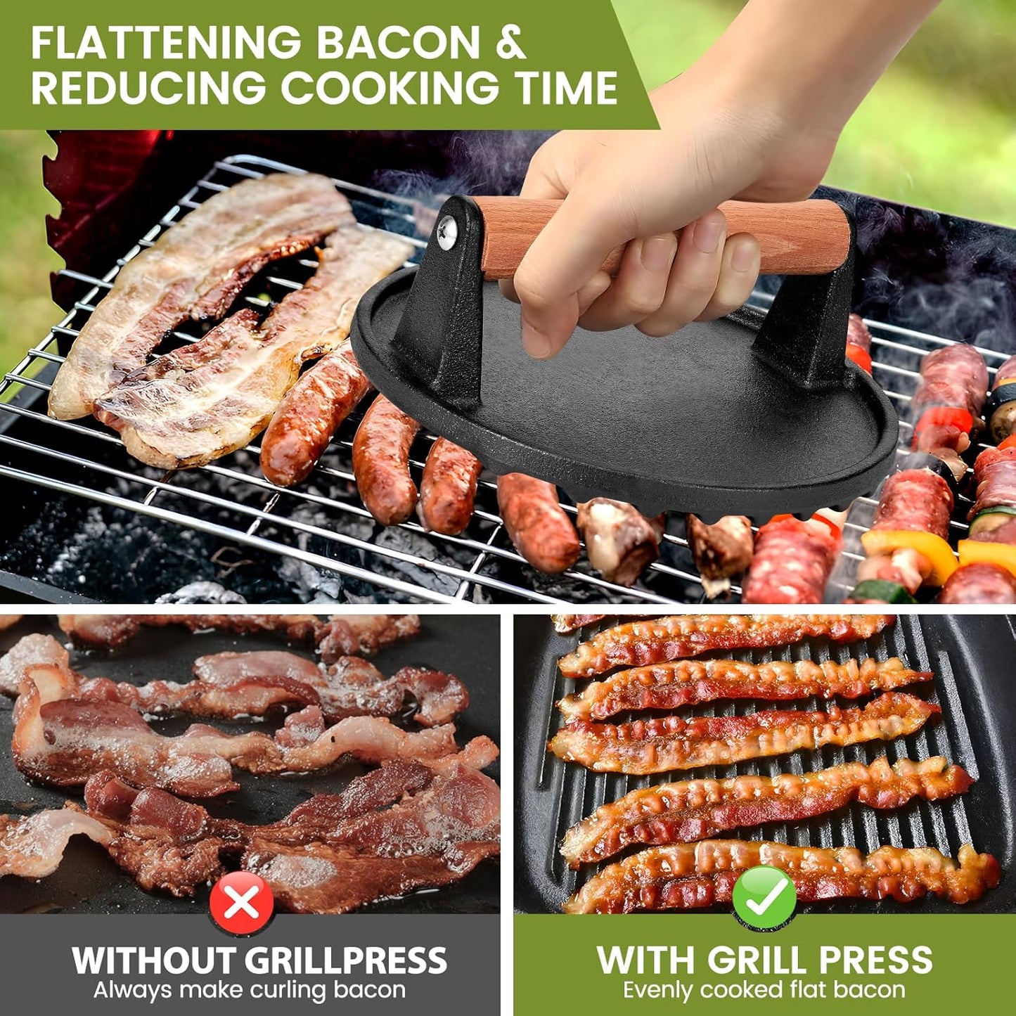Whaleme Cast Iron Burger Press Set - 7" Round & 8x4" Rectangle Grill Press for Blackstone Griddle