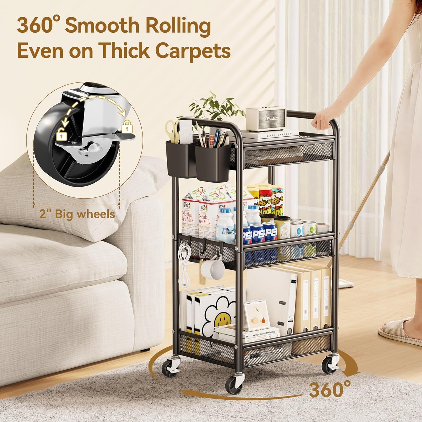 YASONIC 3-Tier Rolling Metal Cart with Wheels - 110 lb Capacity Storage Utility Cart for Kitchen/Office