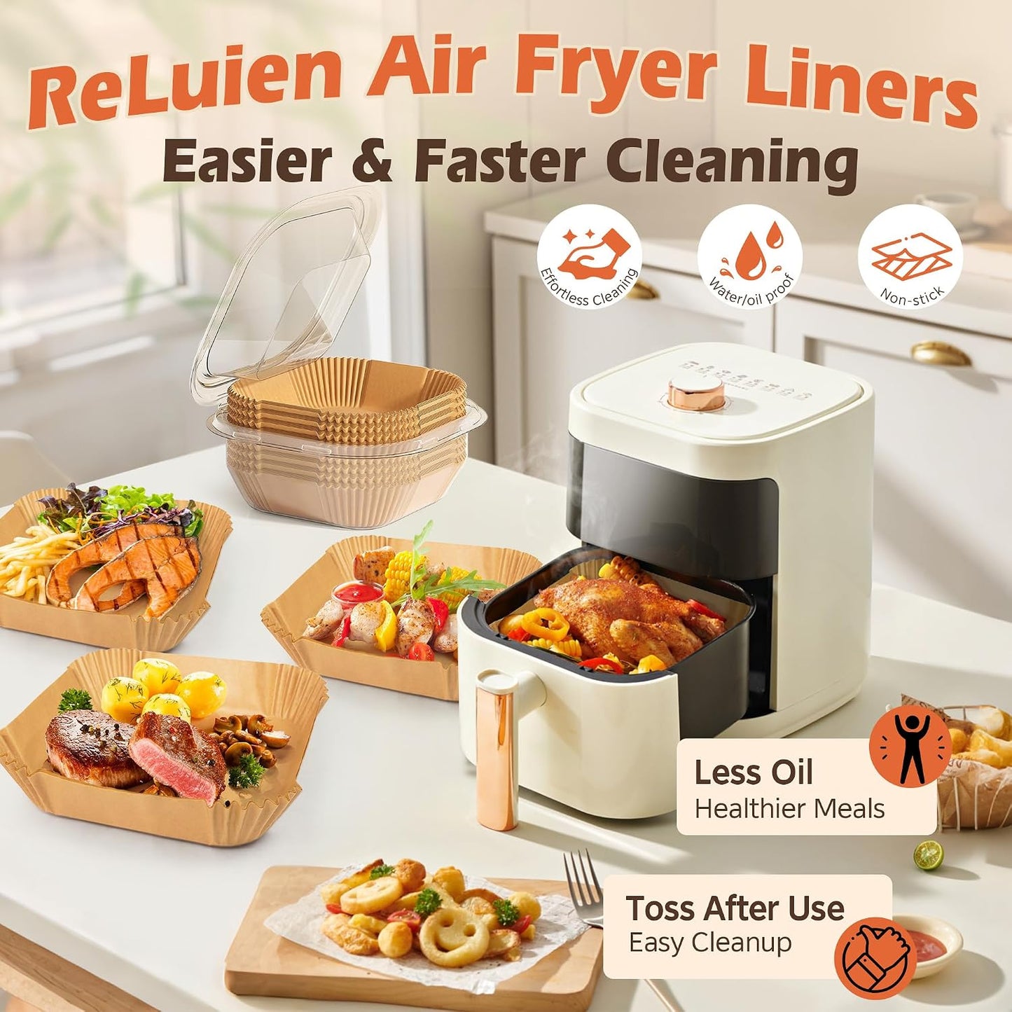 ReLuien Air Fryer Liners Disposable 125Pcs - 8" Square Unbleached Parchment Paper for 5-8QT Nonstick Baking Tools