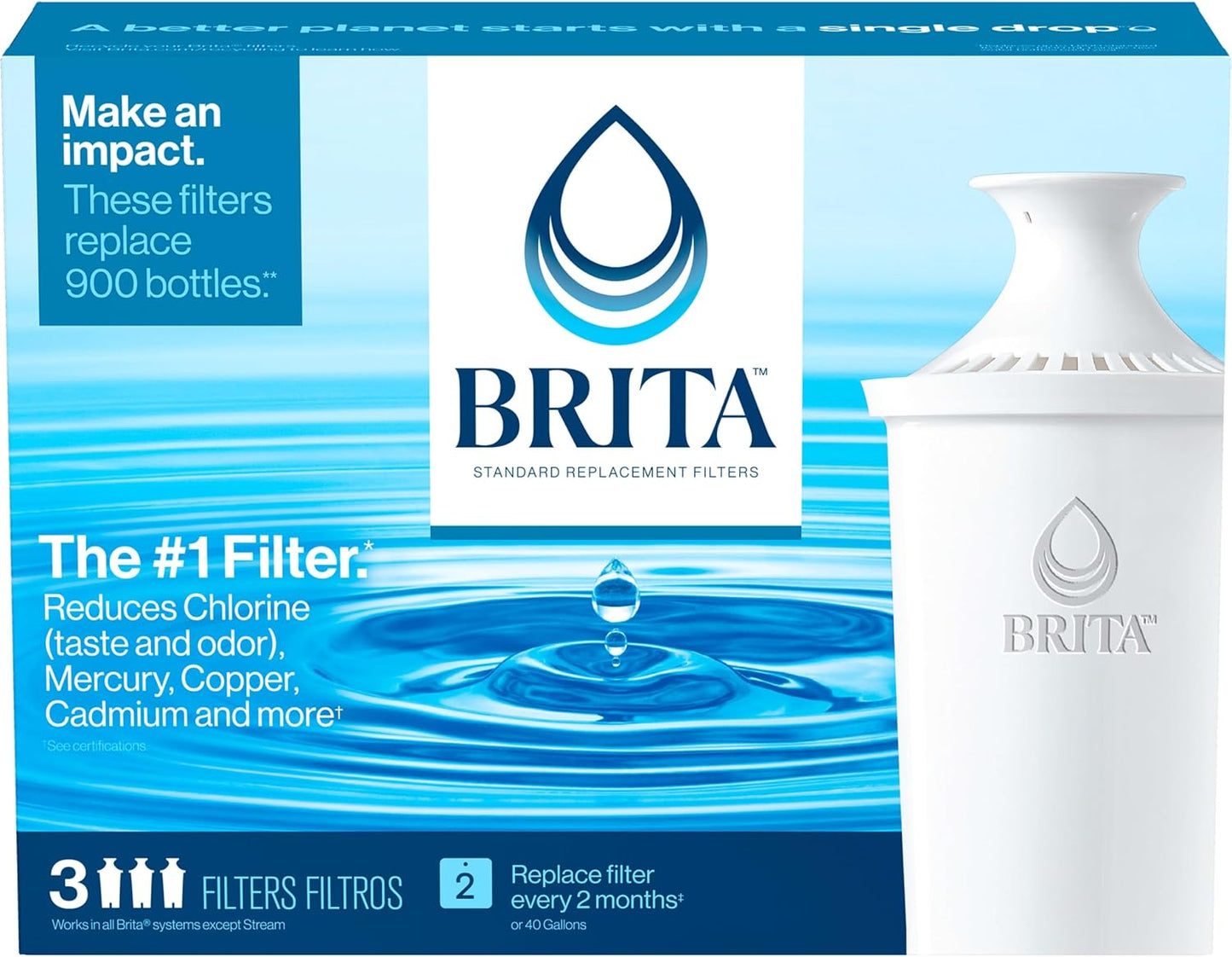 Brita Standard Water Filter Replacement Cartridges (3-Pack) - Reduces Chlorine & Heavy Metals