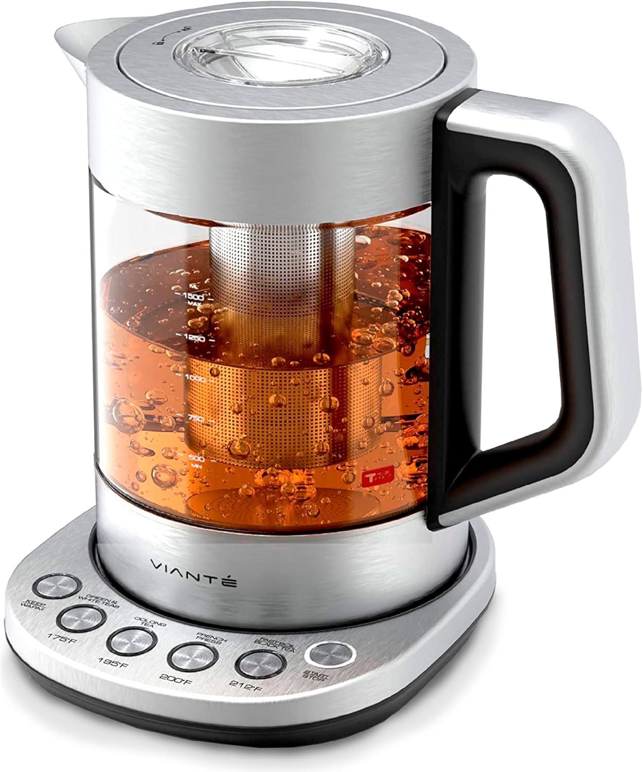 Viante Alba Electric Tea Kettle No Plastic | Borosilicate Glass & Stainless Steel