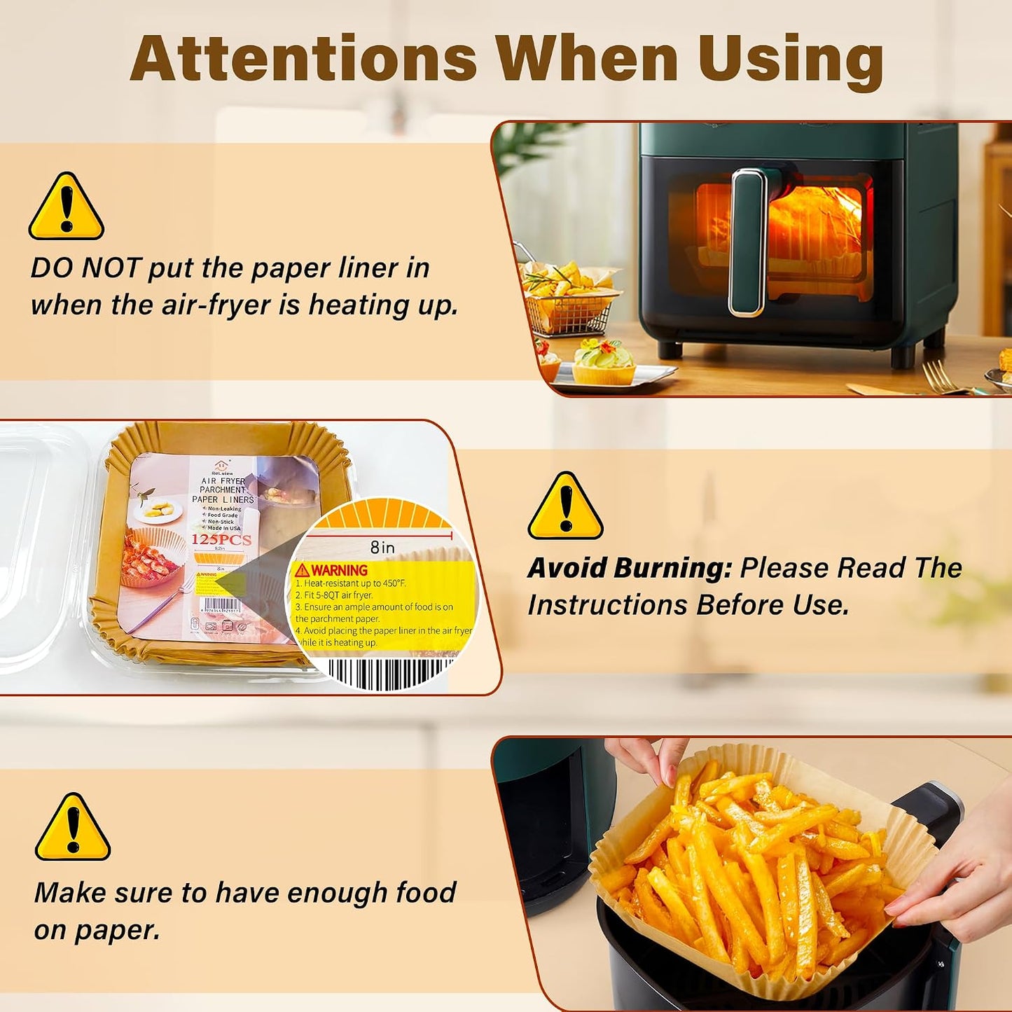 ReLuien Air Fryer Liners Disposable 125Pcs - 8" Square Unbleached Parchment Paper for 5-8QT Nonstick Baking Tools