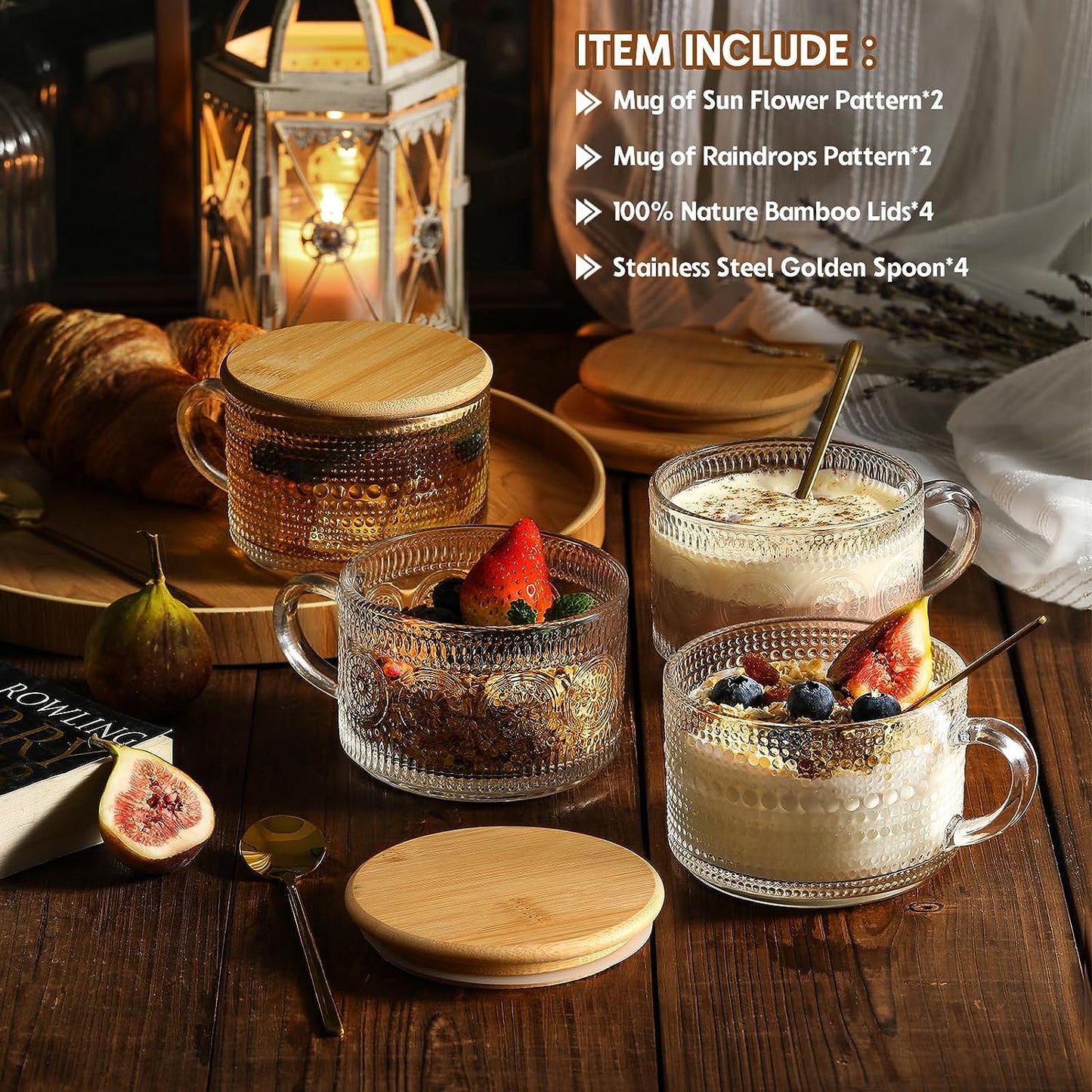 LANDNEOO Vintage Glass Coffee Mug Set (4-Piece) with Bamboo Lids & Spoons