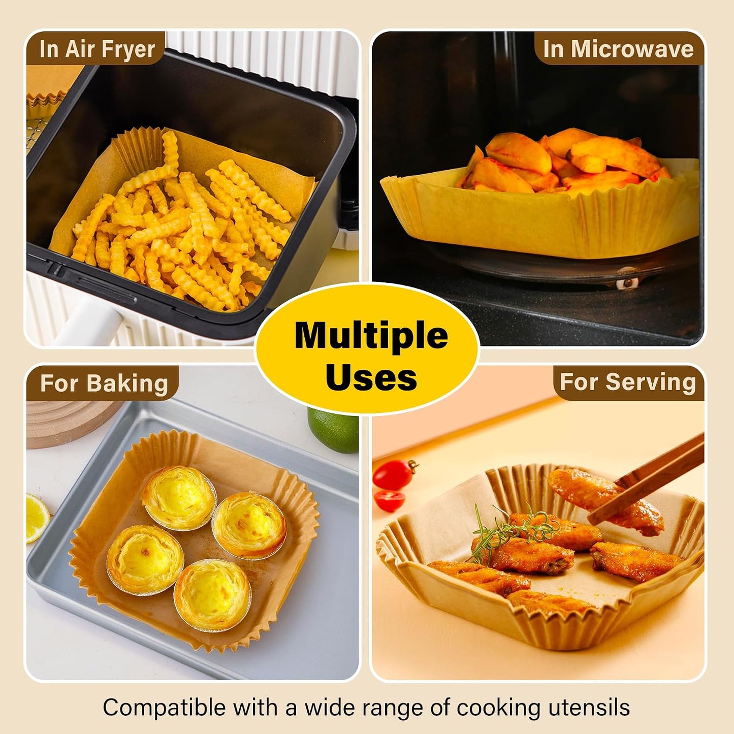 ReLuien Air Fryer Liners Disposable 125Pcs - 8" Square Unbleached Parchment Paper for 5-8QT Nonstick Baking Tools