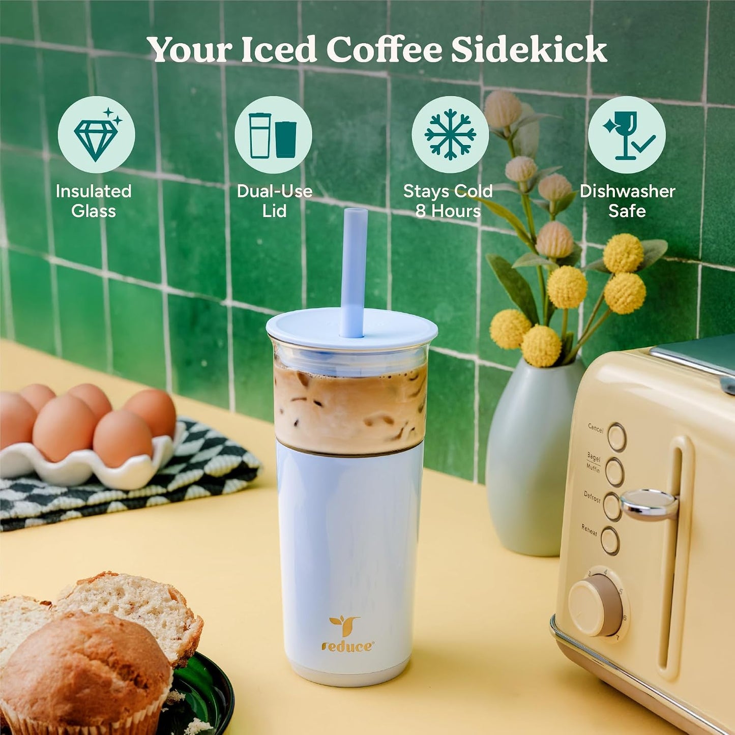 REDUCE 20 oz Vacuum Insulated Glass Tumbler with Lid & Straw - Keeps Drinks Cold 12 Hrs