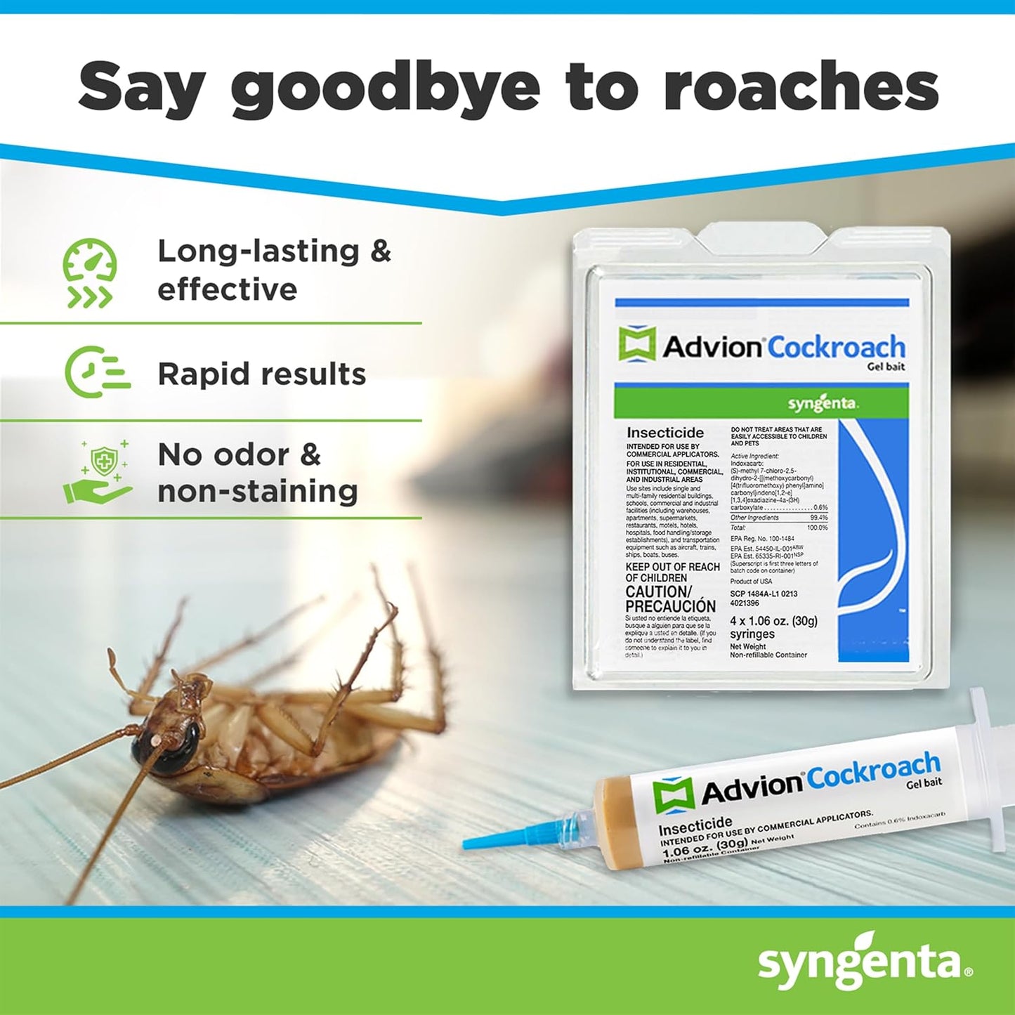Advion Cockroach Gel Bait - Syngenta Roach Killer, 4 Tubes x 30g