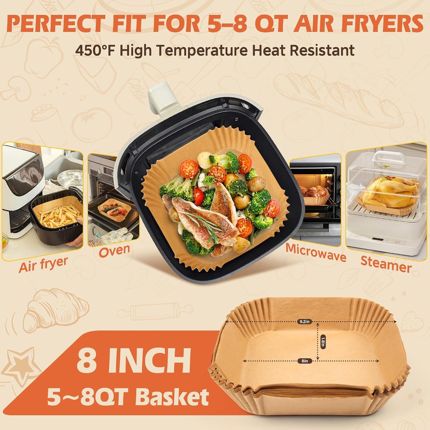 ReLuien Air Fryer Liners Disposable 125Pcs - 8" Square Unbleached Parchment Paper for 5-8QT Nonstick Baking Tools