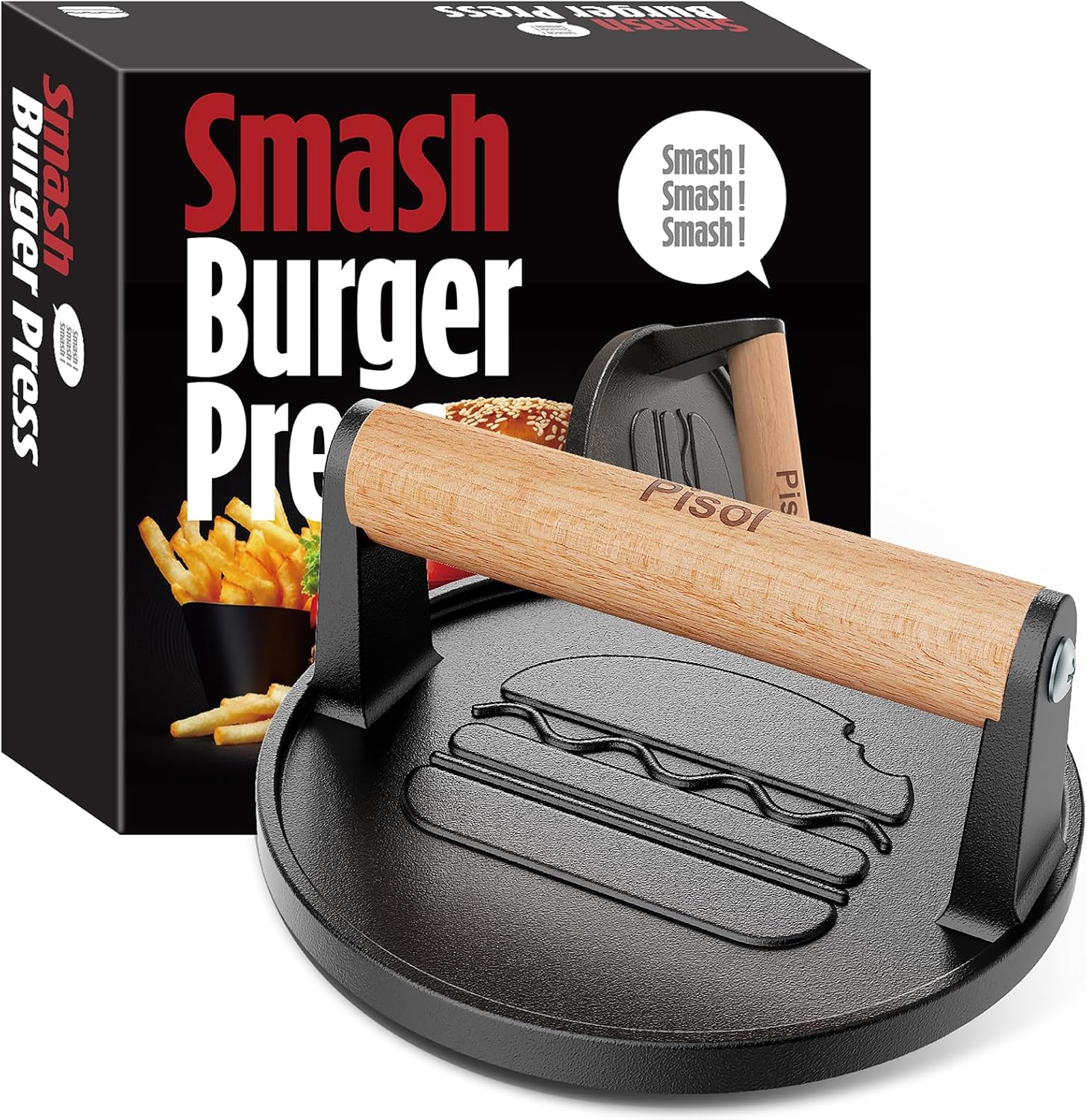 Pisol Heavy-Duty Cast Iron Hamburger Press - Professional Grill Tool for Crispy Burgers & Bacon