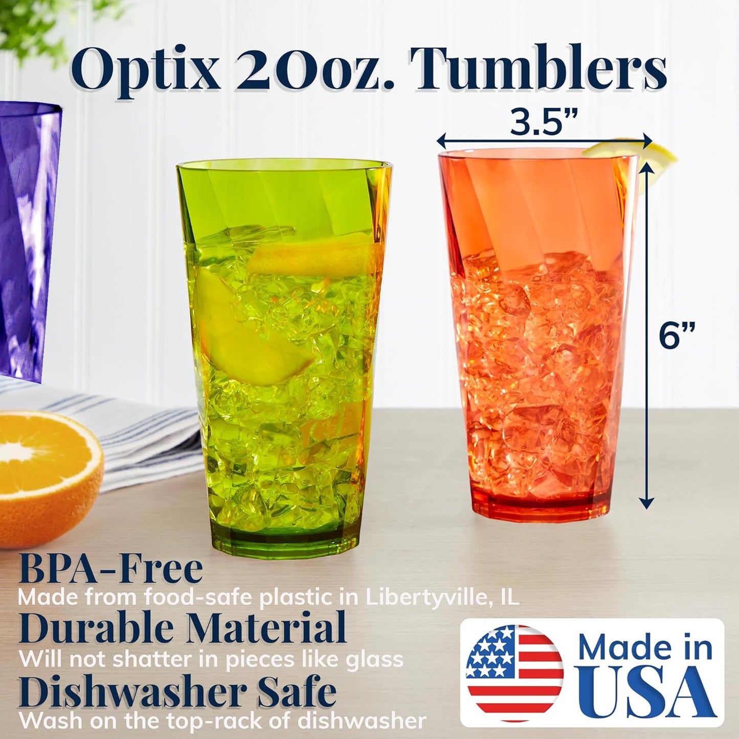US Acrylic Optix 20oz Reusable Tumblers Set of 8 - BPA-Free, Dishwasher Safe Jewel Tone Plastic Cups