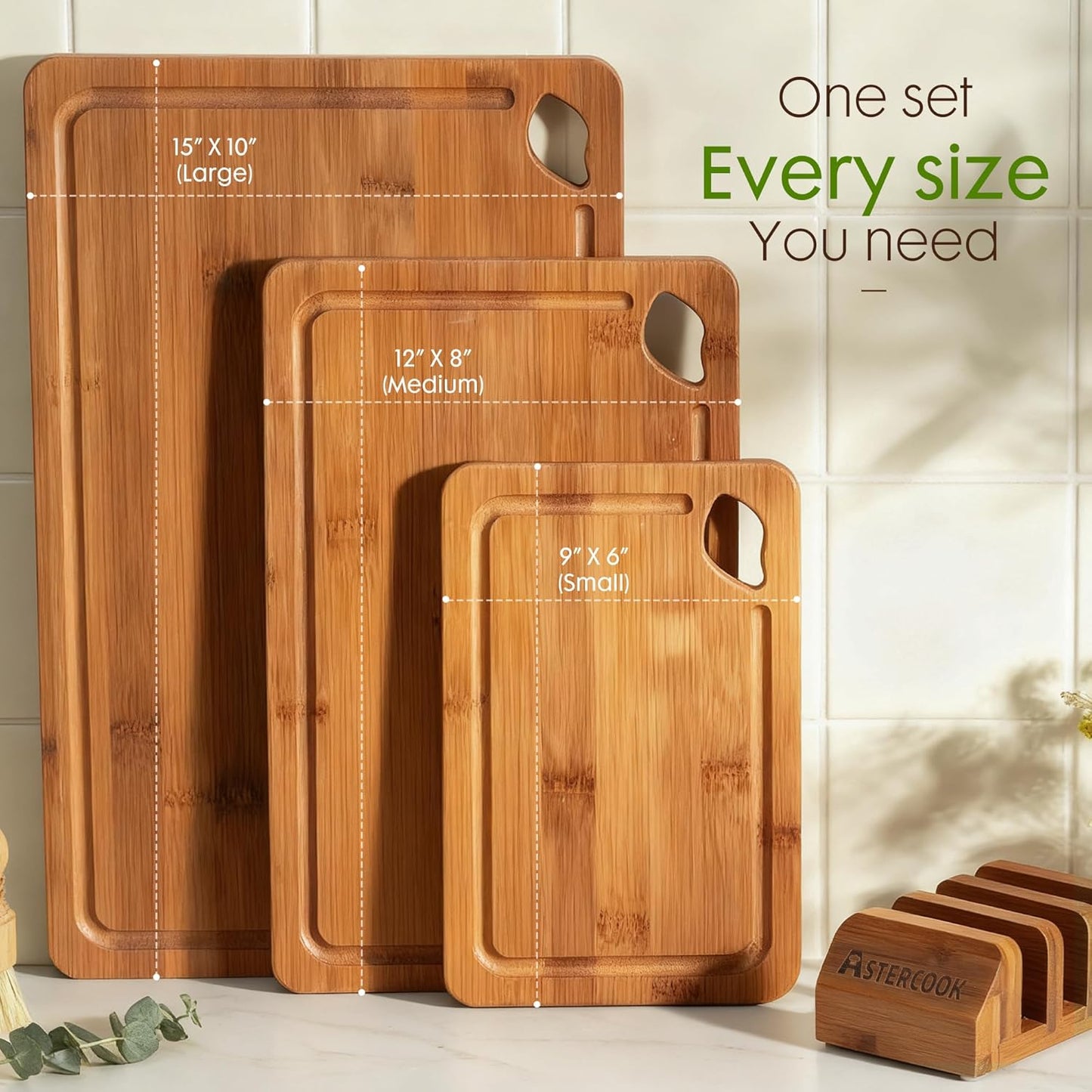 Astercook 3-Piece Deep-Carbonized Bamboo Cutting Board Set with Storage Stand