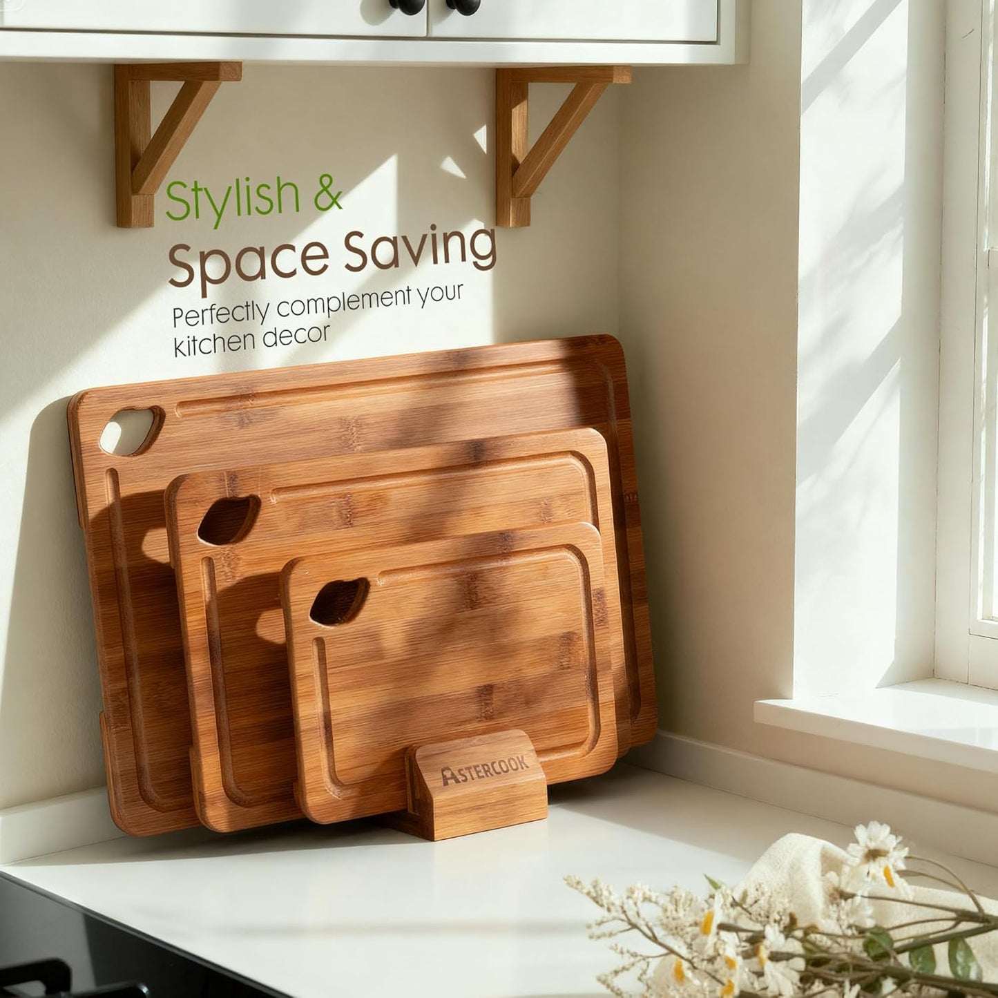 Astercook 3-Piece Deep-Carbonized Bamboo Cutting Board Set with Storage Stand