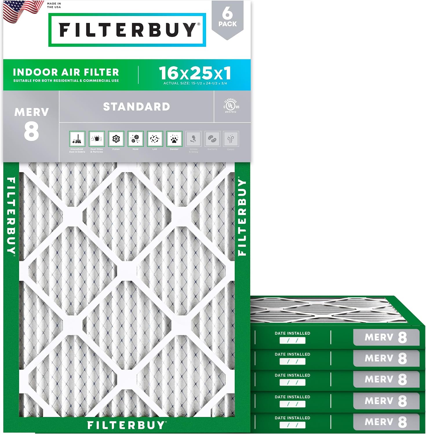 Filterbuy MERV 8 Air Filter for Dust & Allergy Defense (6-Pack), 16x25x1 HVAC Replacement Filters