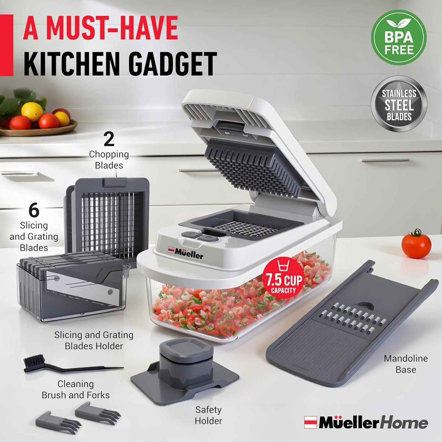Mueller Pro Chopper - 8 Blade Vegetable Mandoline Slicer & Food Chopper with Container