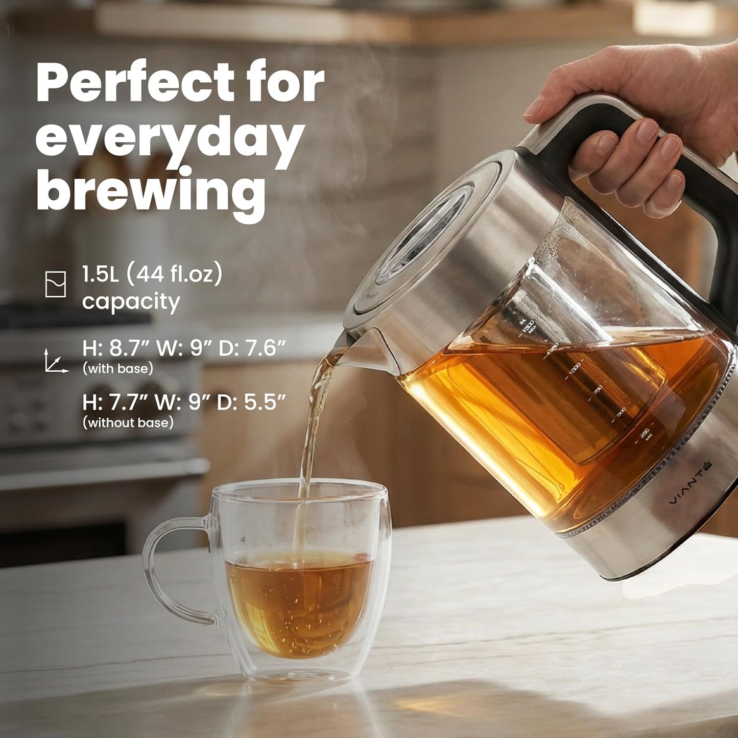 Viante Alba Electric Tea Kettle No Plastic | Borosilicate Glass & Stainless Steel