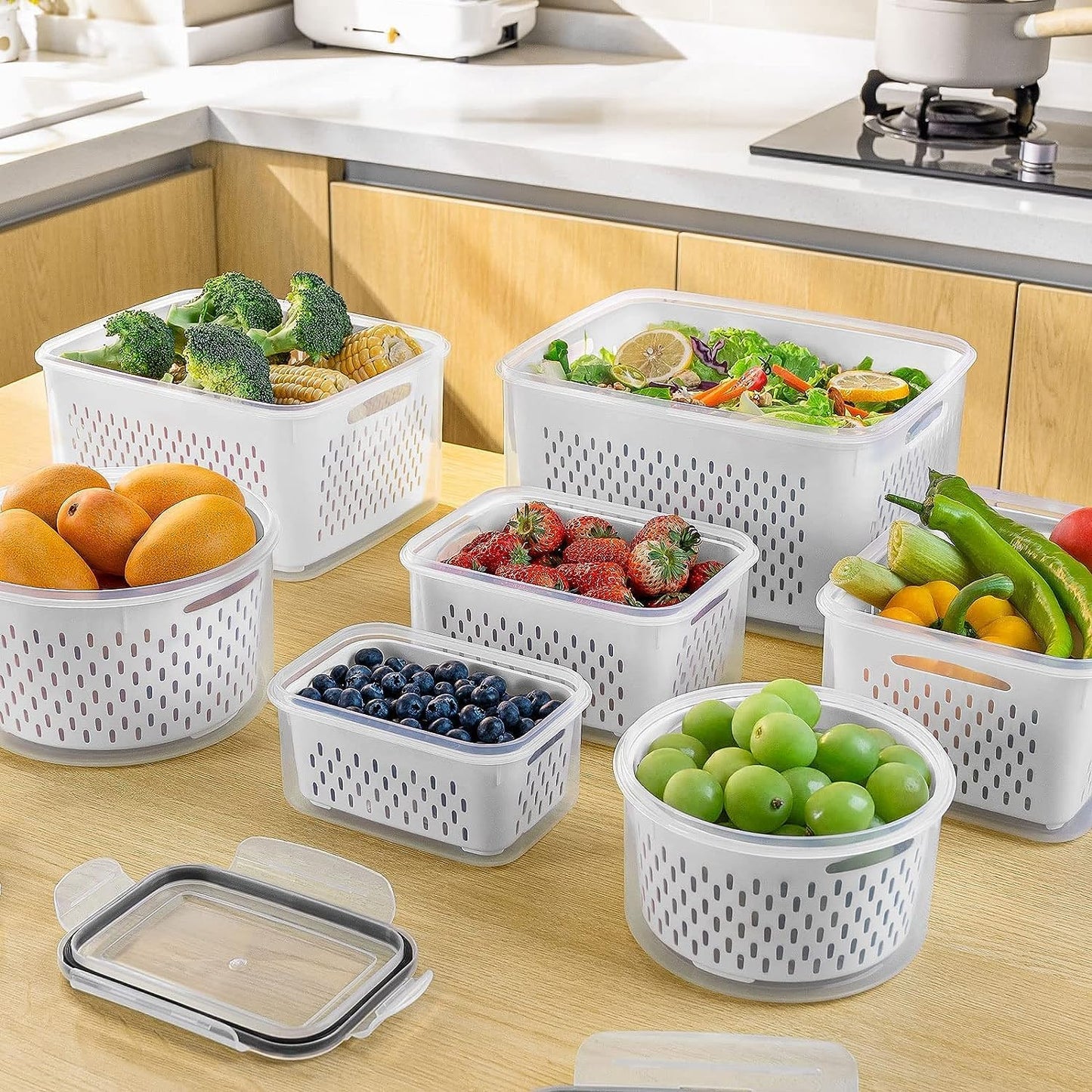 Freshmage 4-Piece Airtight Fridge Fruit Storage Containers with Removable Colanders - Keep Produce Fresher Longer