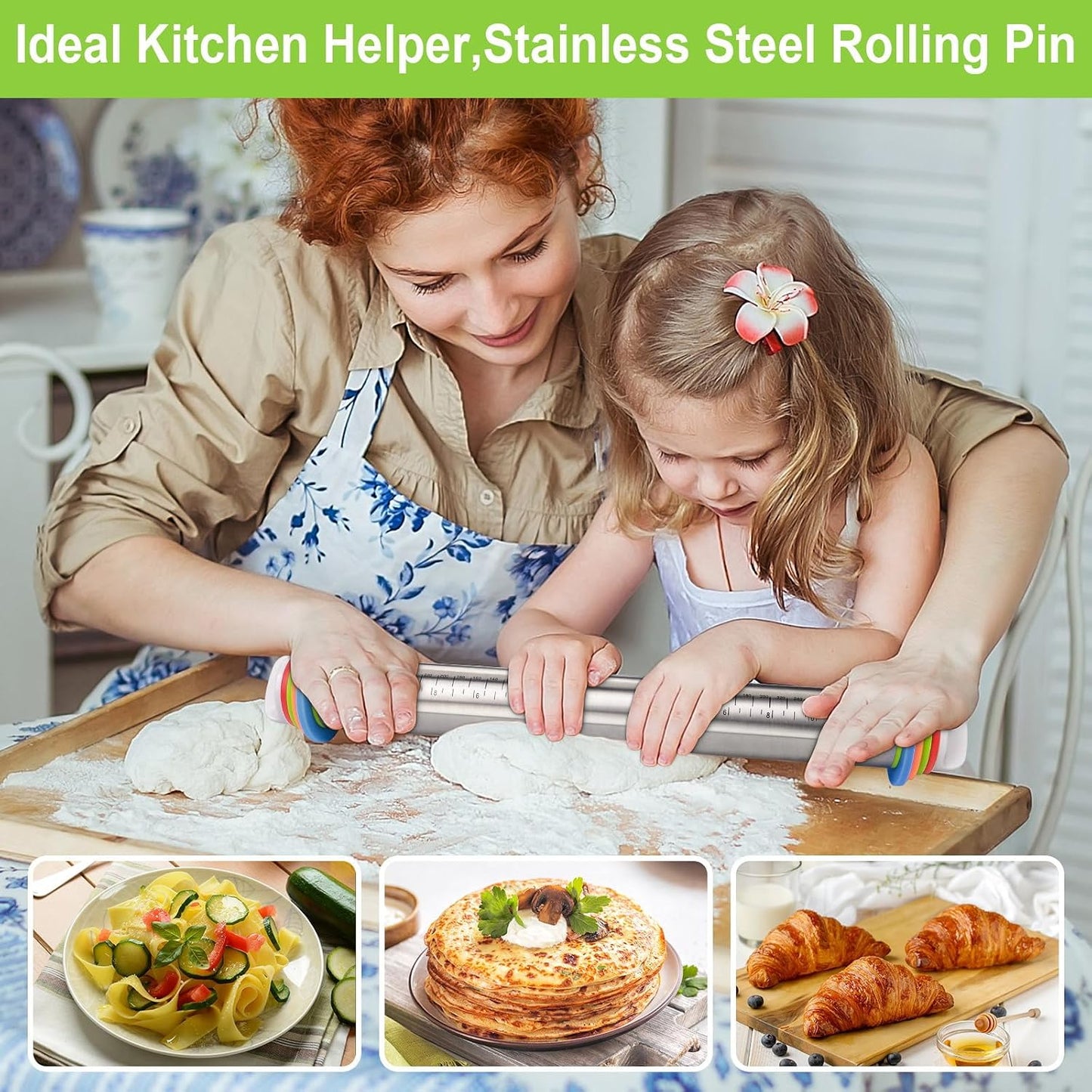 BIDFUL Adjustable Stainless Steel Rolling Pin with Thickness Rings - 17" Dough Roller for Baking