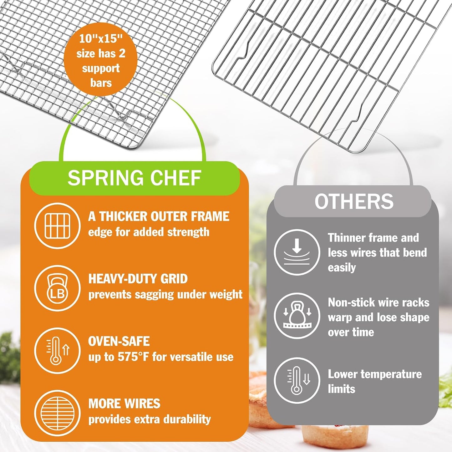 Spring Chef 10x15 Inch Stainless Steel Cooling Rack - Oven Safe Up to 575°F & Dishwasher Safe