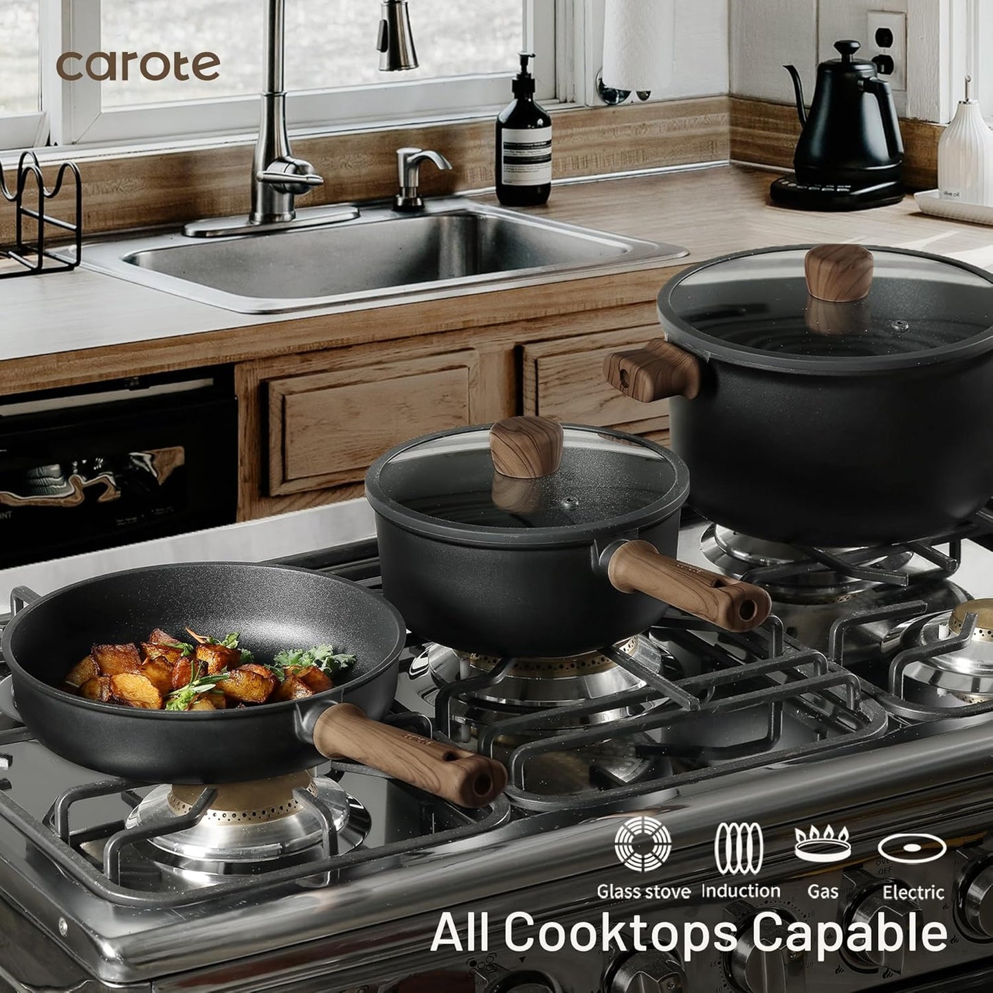 CAROTE 16-Piece Nonstick Cookware Set - Titanium Pots & Pans for Induction