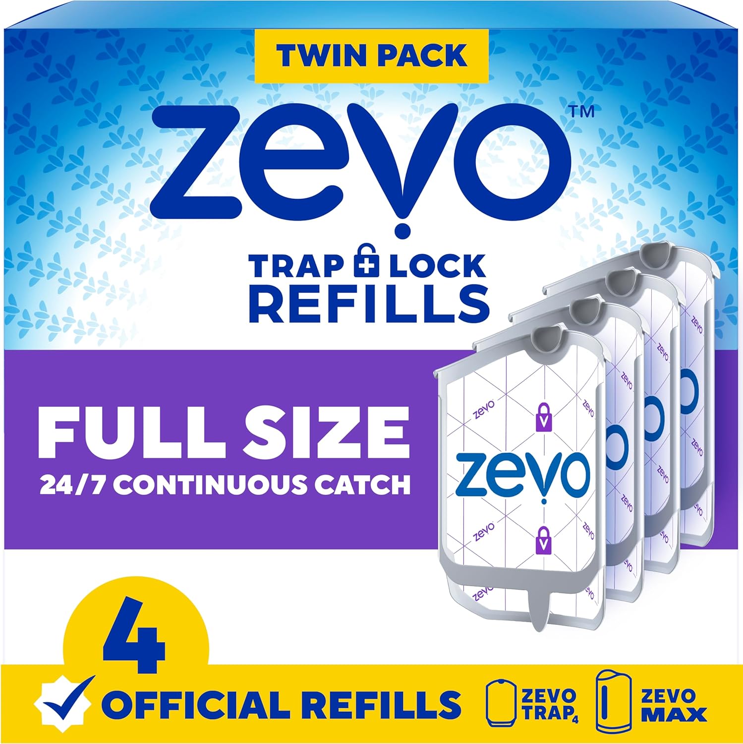Zevo Official Fly Trap Refills (4 Count) - No Fragrance, Blue Light Lures Gnats & Flies