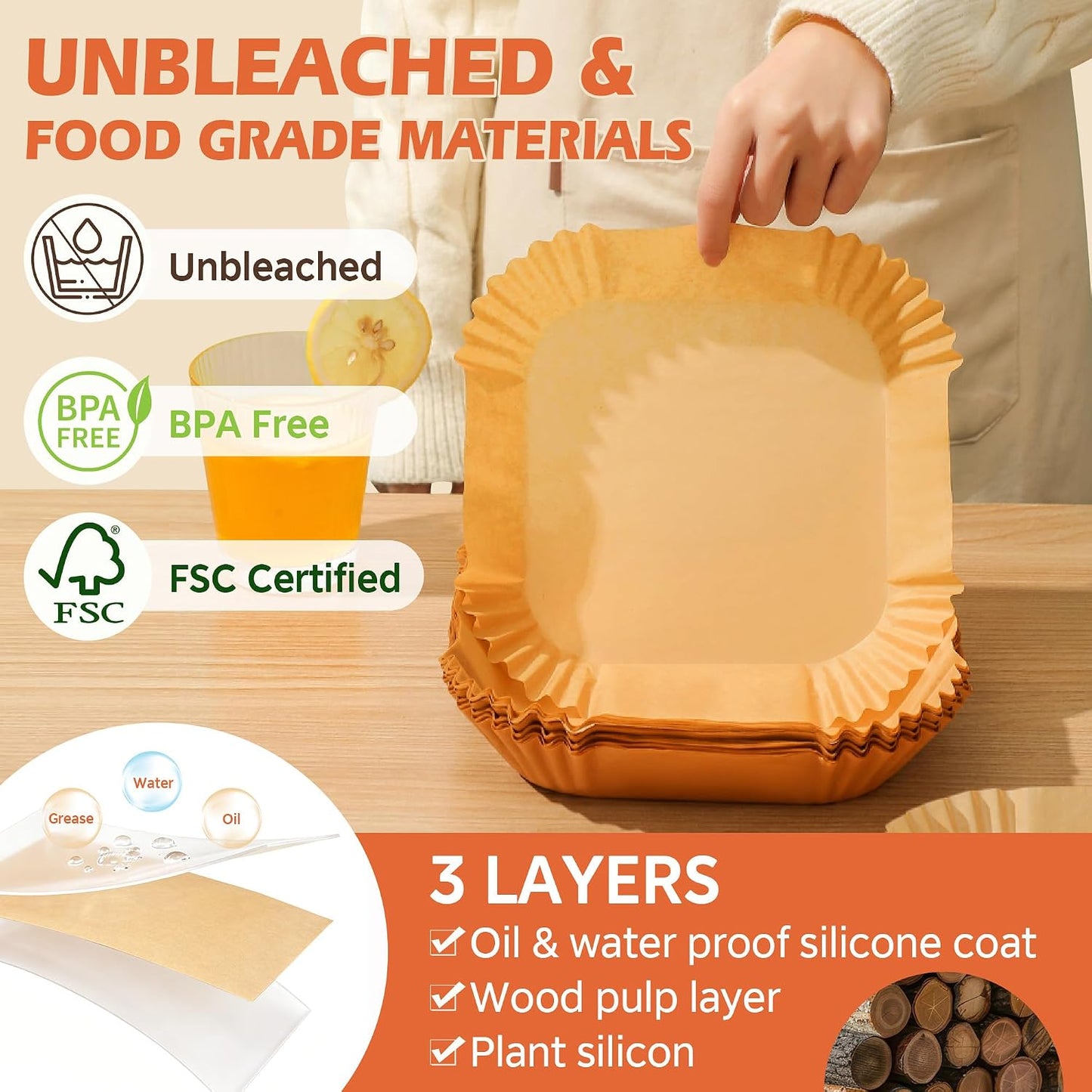 ReLuien Air Fryer Liners Disposable 125Pcs - 8" Square Unbleached Parchment Paper for 5-8QT Nonstick Baking Tools