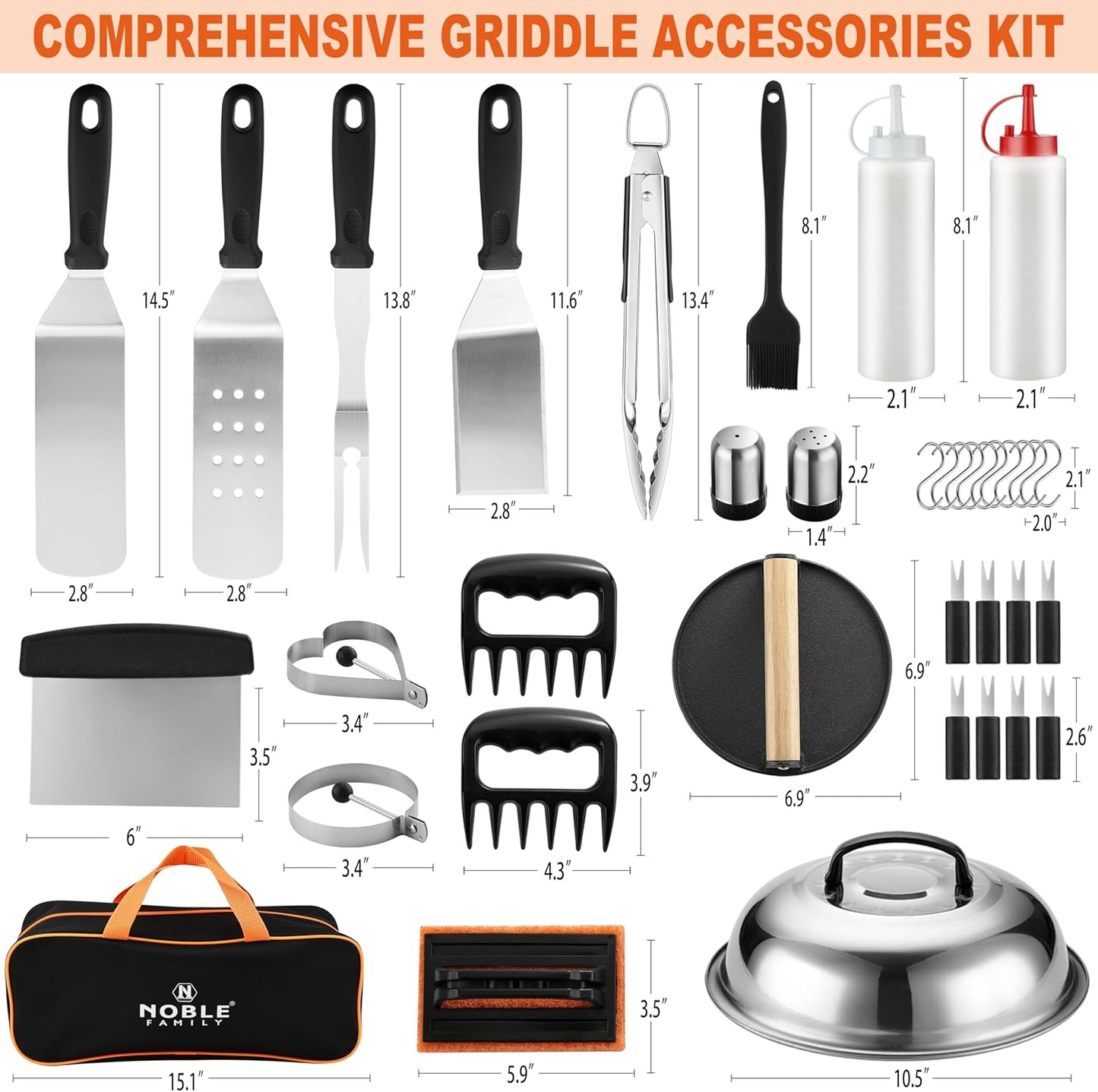 N NOBLE FAMILY 38PCS Griddle Accessories Kit - Professional Outdoor Barbecue Tools Set with Spatula, Tongs, Burger Press & Carry Bag