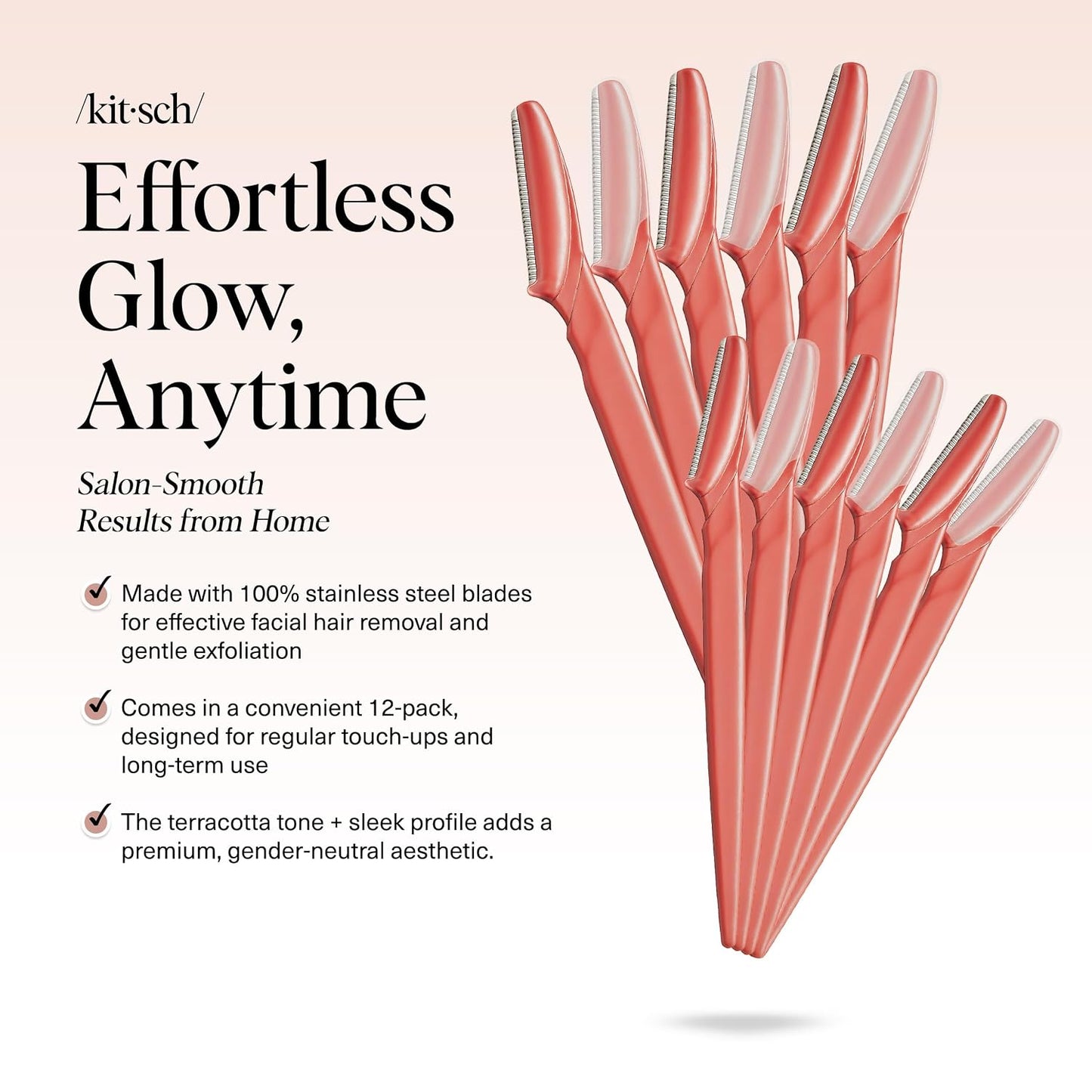 Kitsch Women's Facial Razor - Smoother Skin with 12 Reusable Blades (Coral)