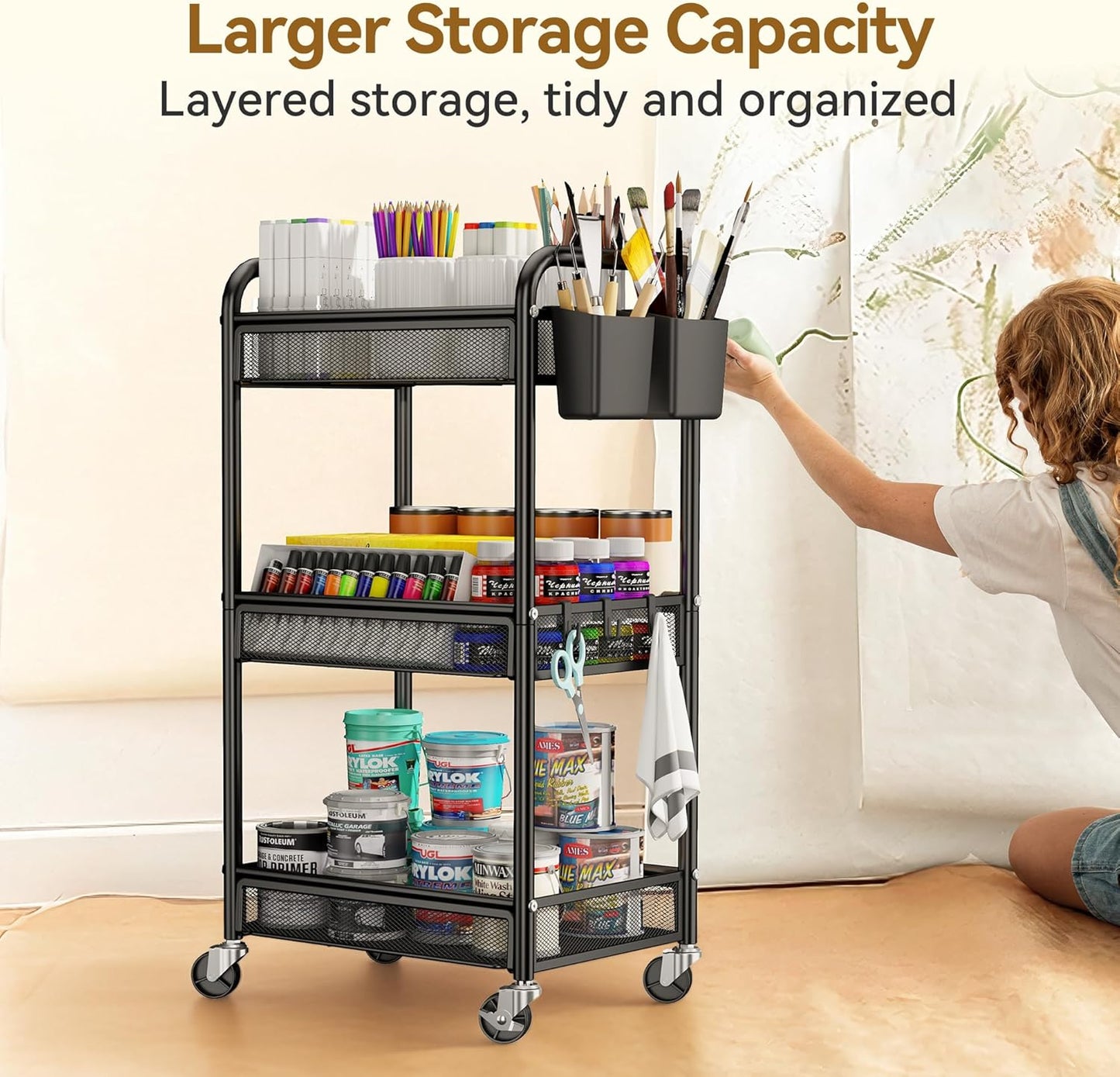 YASONIC 3-Tier Rolling Metal Cart with Wheels - 110 lb Capacity Storage Utility Cart for Kitchen/Office